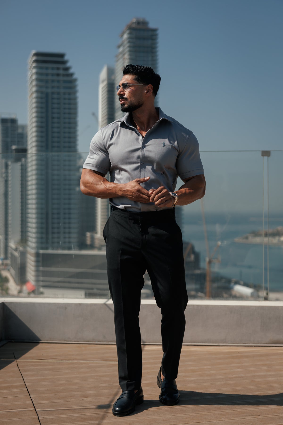 Super Slim Stretch Mid Grey Denim Short Sleeve with Silver Metal Decal and Cutaway Collar - FS1327