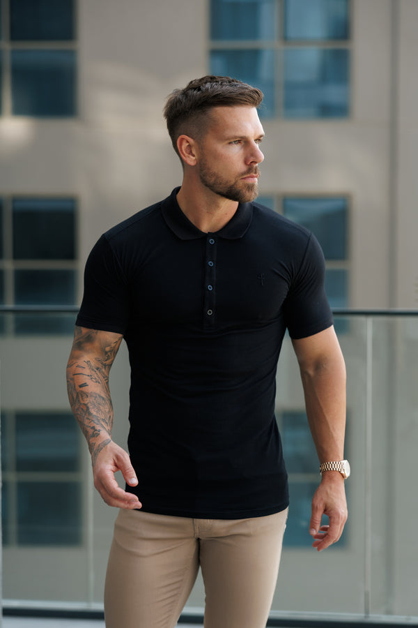 Father Sons Classic Black Polo Shirt with Tonal Button and Embroidery - FSH824