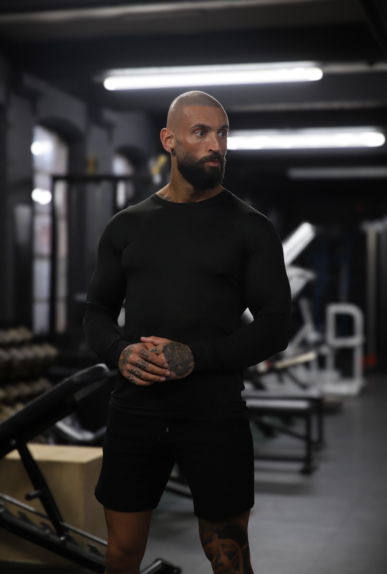 Long Sleeve Black Tonal Gym Crew Top - FSH884