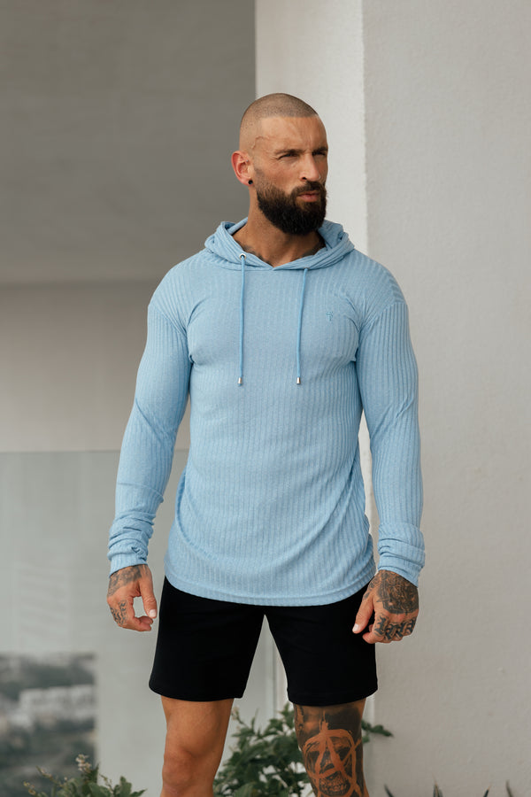 Father Sons Classic Light Blue Ribbed Knit Hoodie Jumper - FSH908