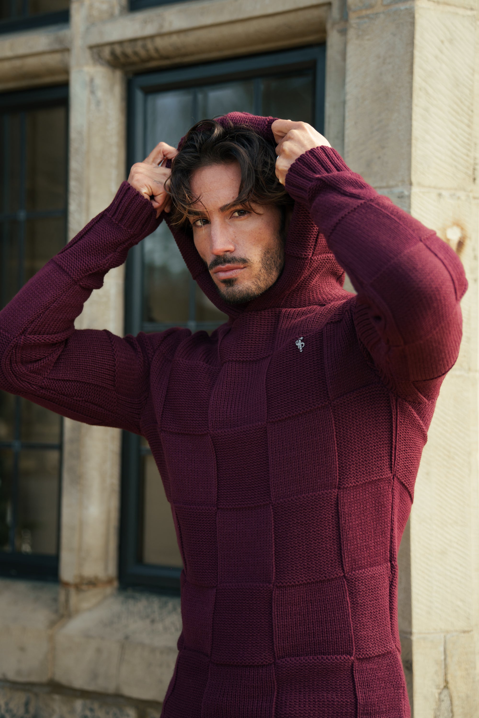 Wine Checkerboard Knitted Hoodie - FSJ139