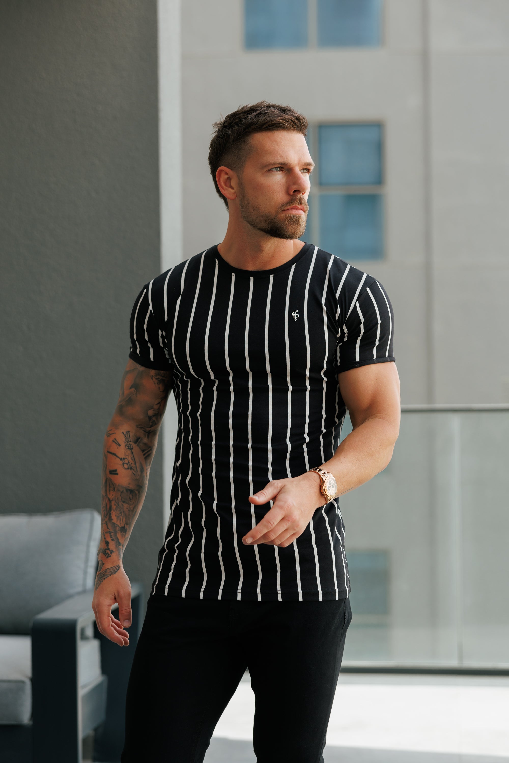Printed Black / White Stripe Fitted T Shirt - FSH1167