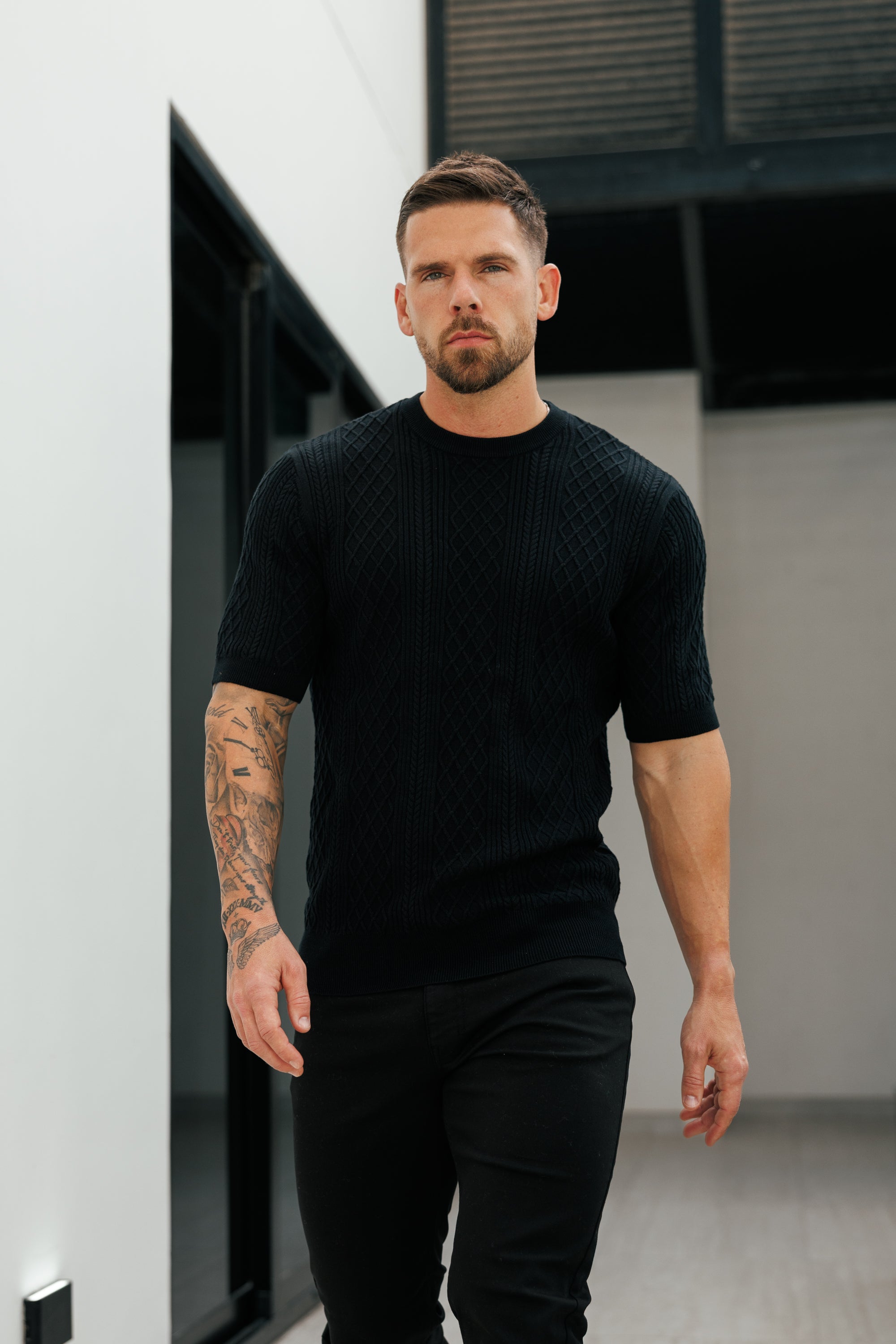 Fine Knit Diamond Black Jumper Short Sleeve - FSA010