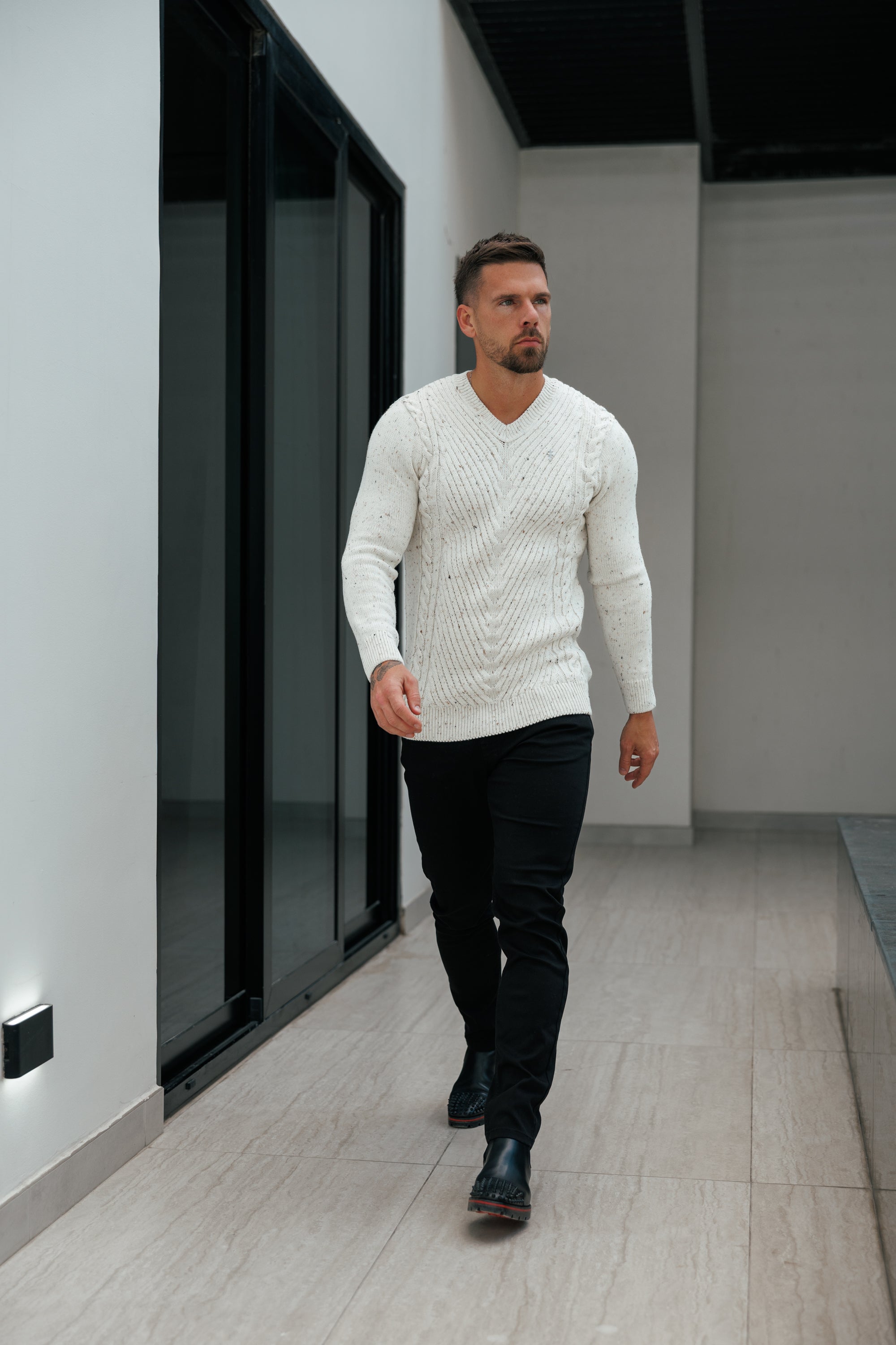 Chevron Front Beige Fleck V Neck Jumper - FSJ153