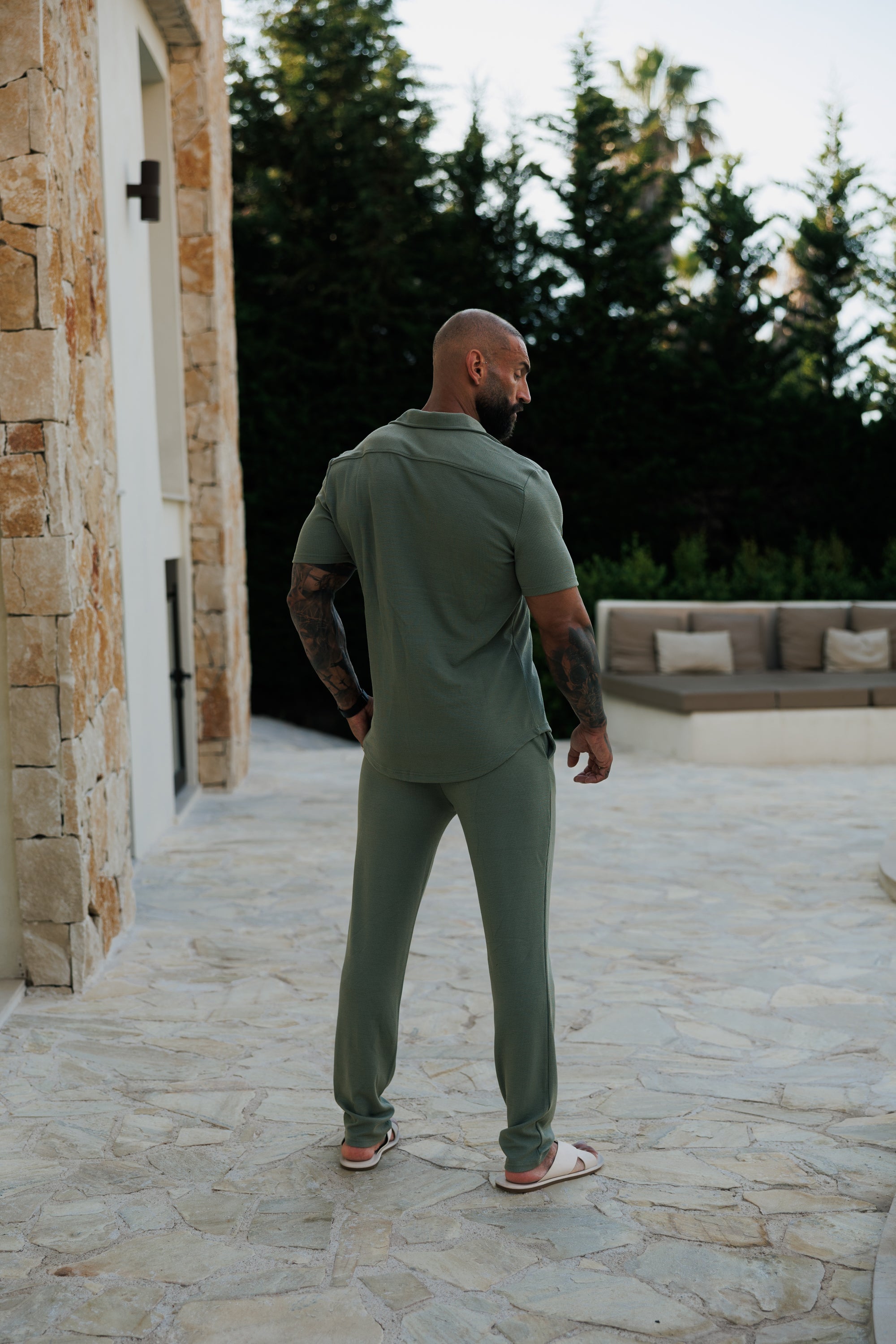 Jersey Cord Stretch Olive Revere Shirt Short Sleeve - FSR072 (PRE ORDER 30TH JUNE)