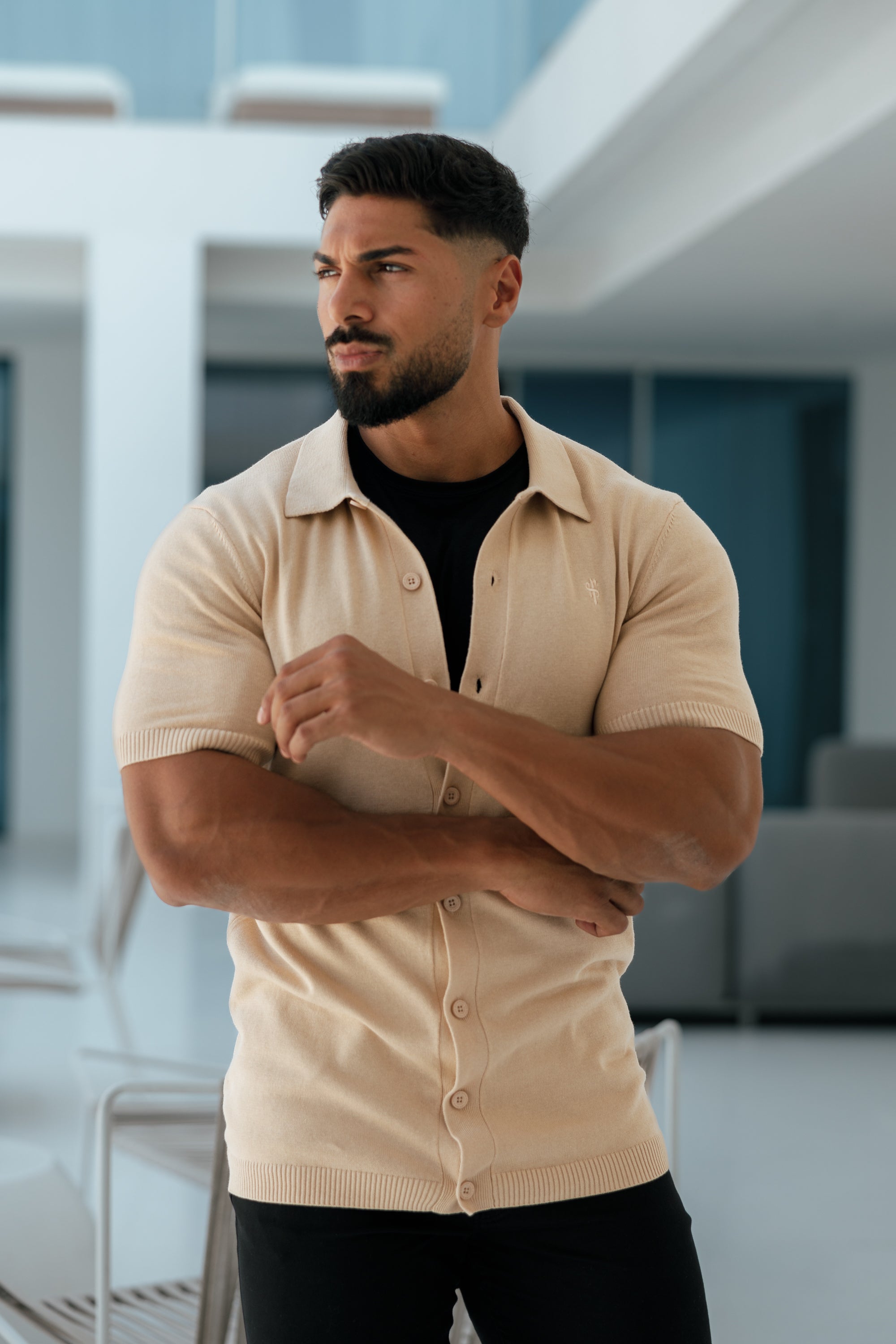 Classic Plain Beige Knitted Button Through Polo Short Sleeve - FSN104