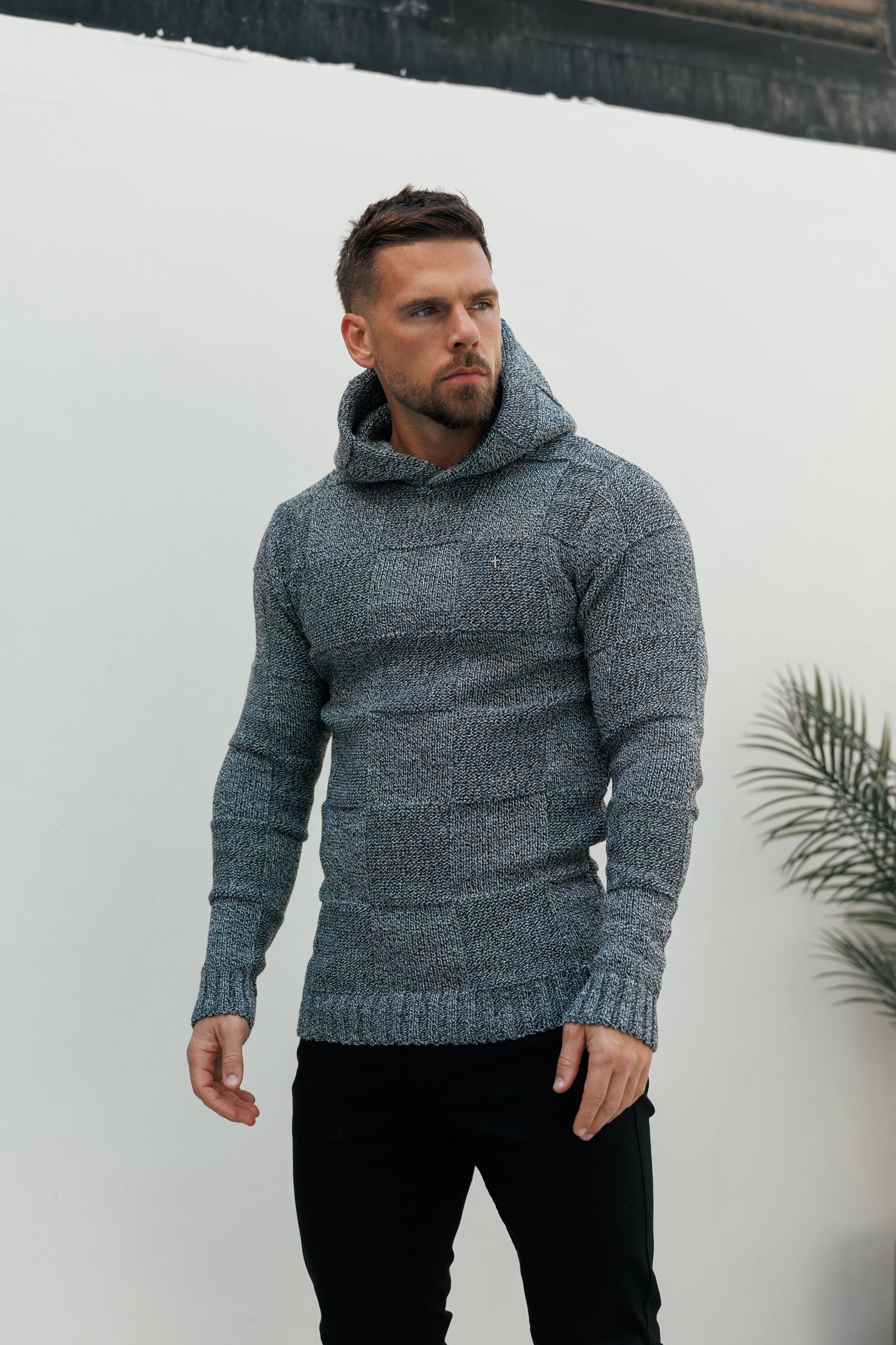 Black / White Two Tone Checkerboard Knitted Hoodie - FSJ134