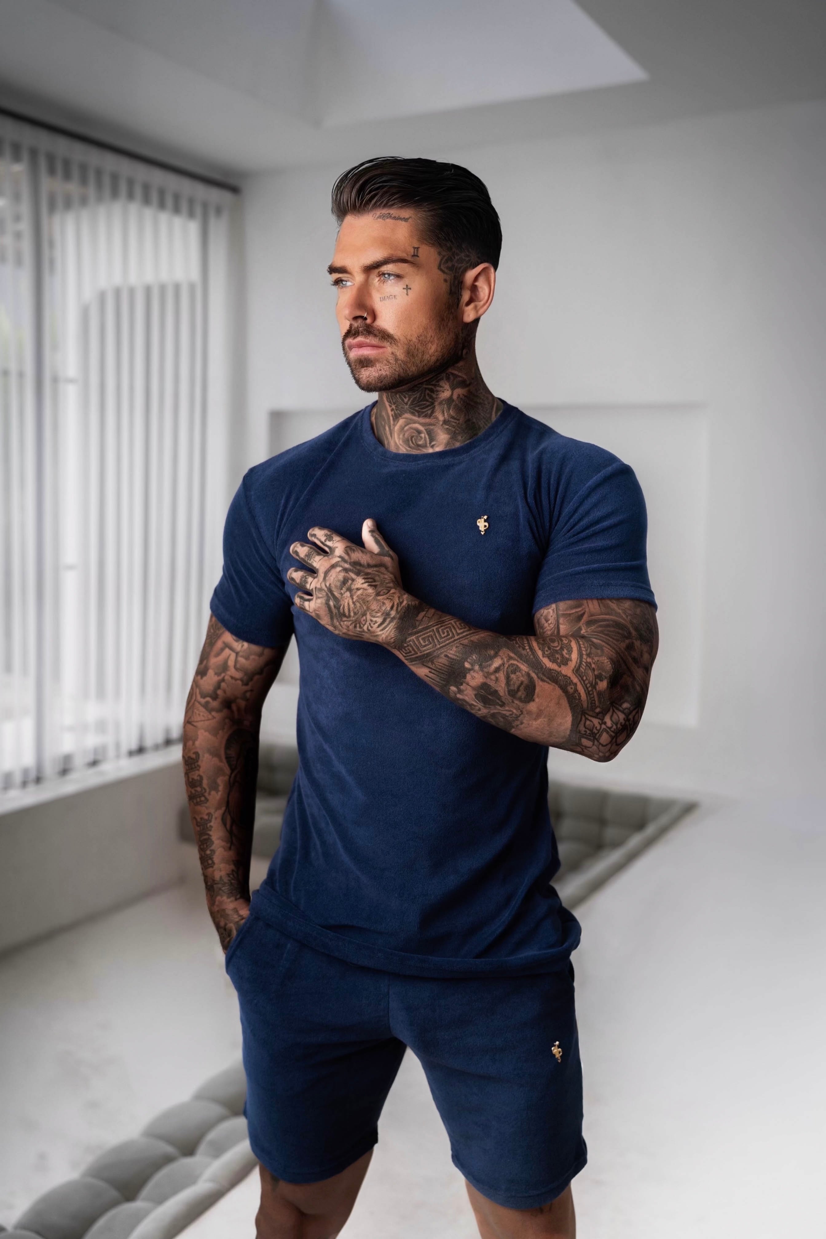 New French Navy Towelling Crew T Shirt - FSH655