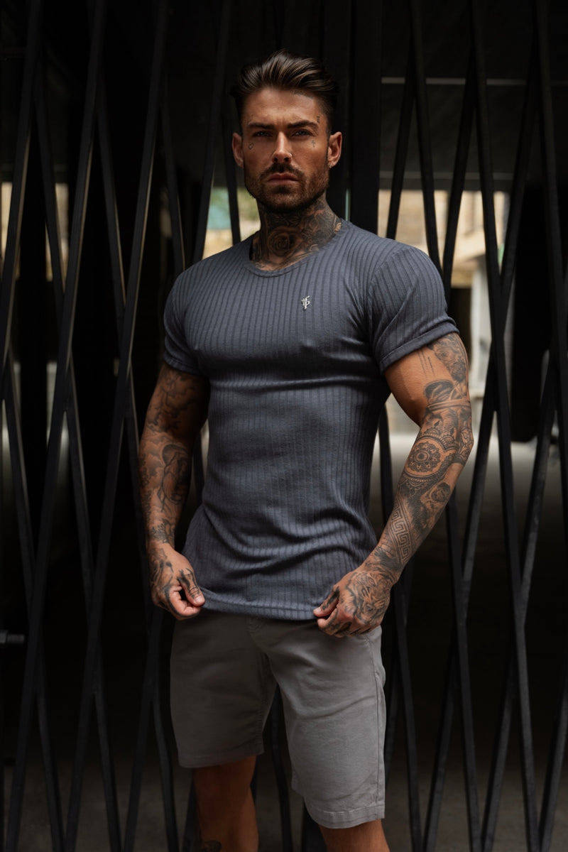 Father Sons Classic Charcoal / Silver Ribbed Knit Super Slim Short Sleeve Crew - FSH1084 (PRE ORDER 17TH MAY)
