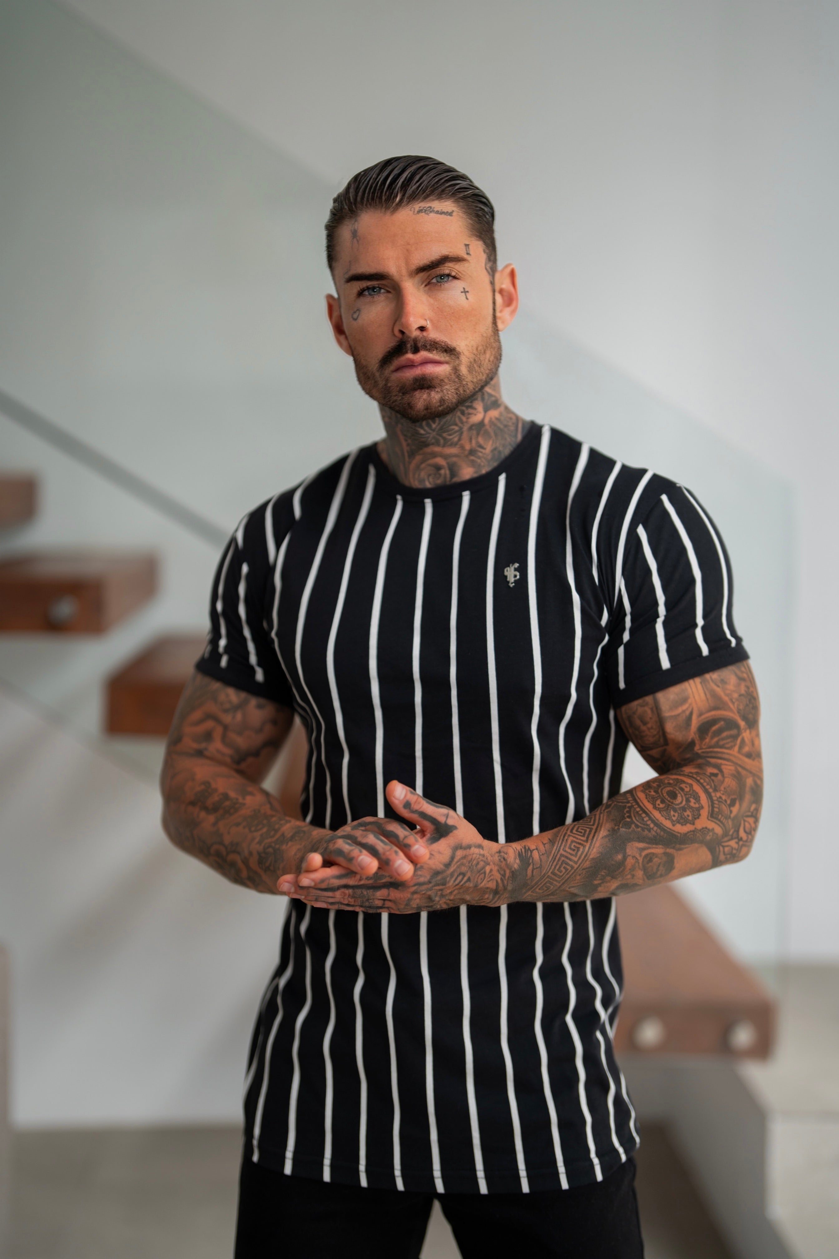 Printed Black / White Stripe Fitted T Shirt - FSH1167