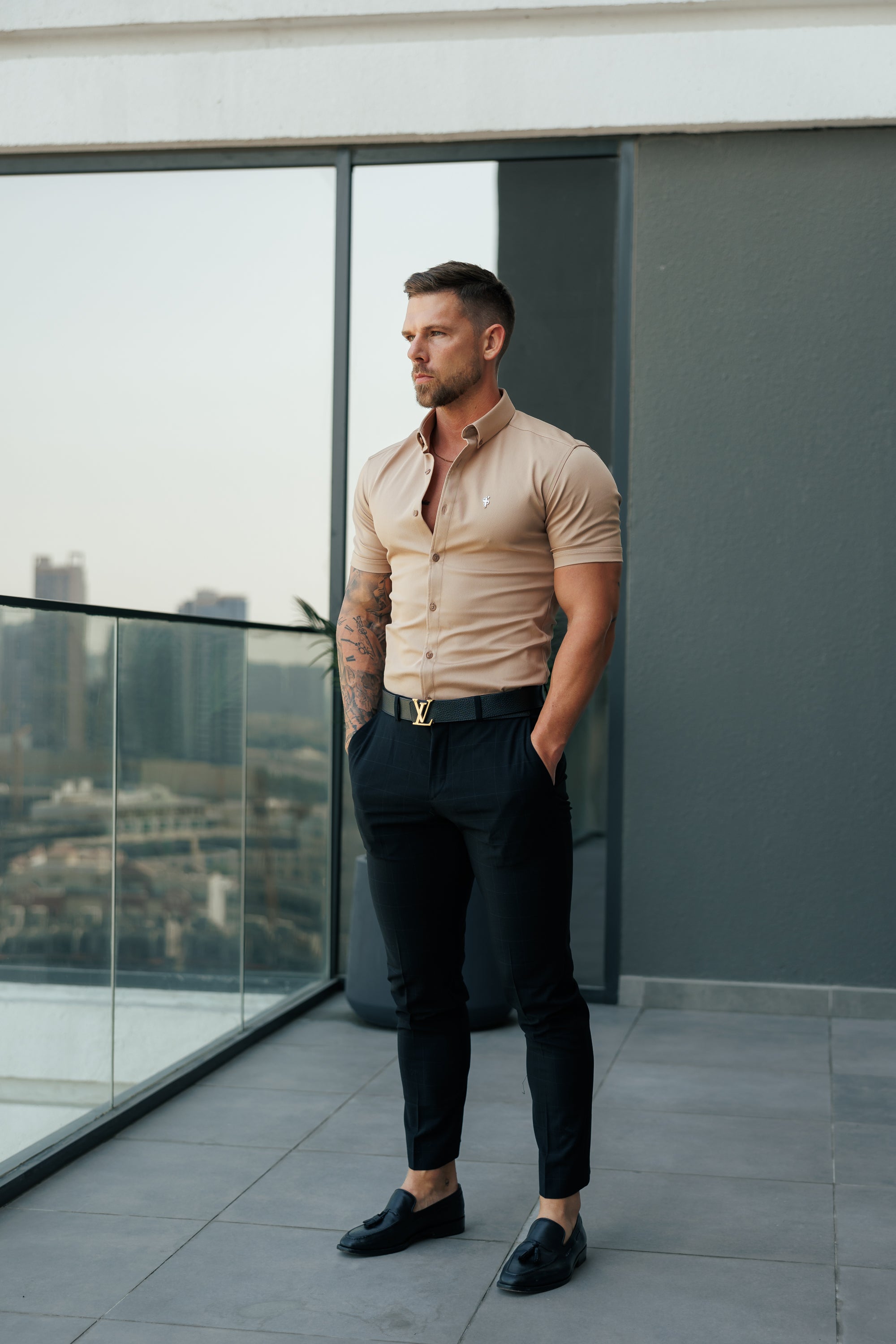 Super Slim Stretch Light Tan Denim Short Sleeve with Button Down Collar - FS1133