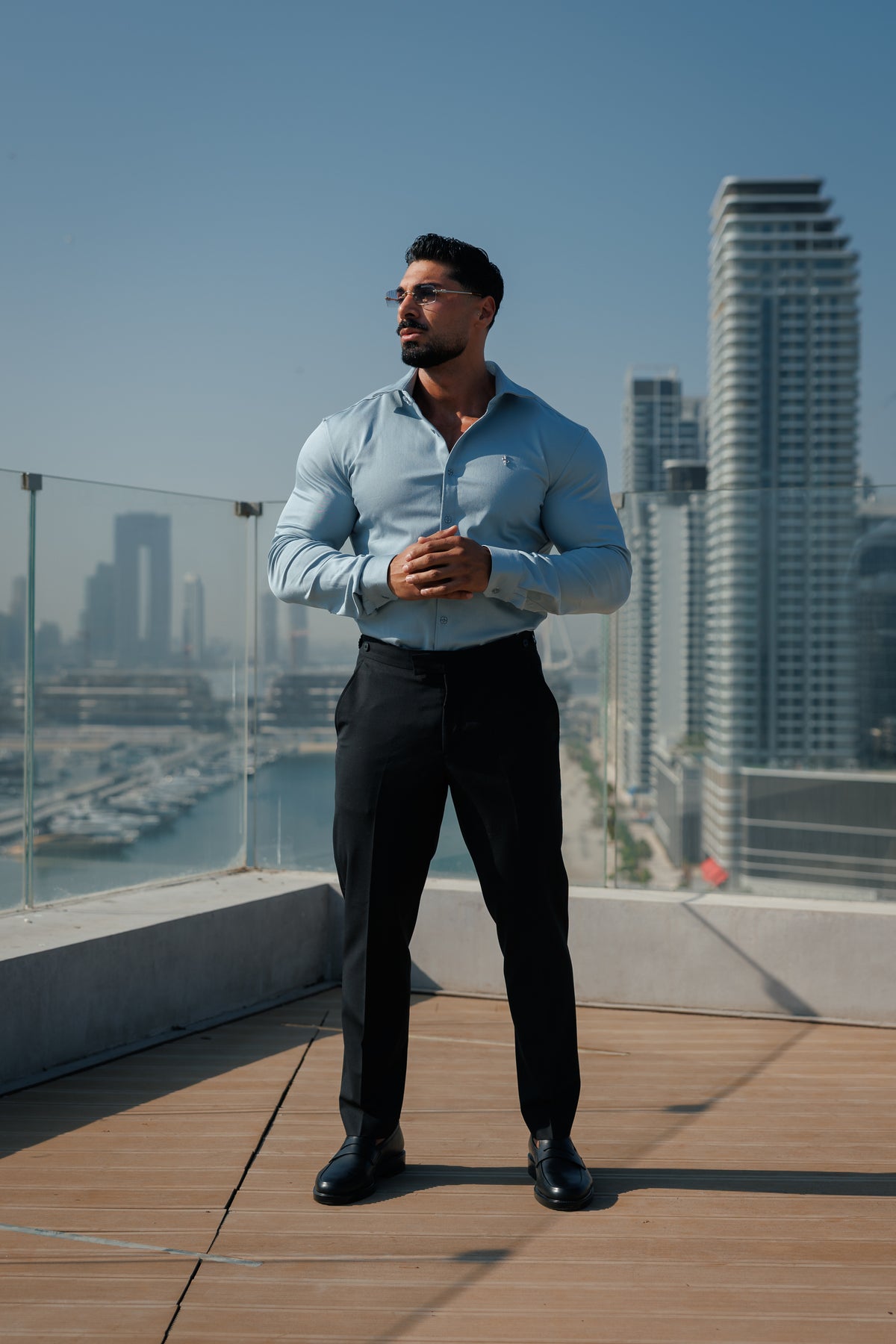 Super Slim Stretch Steel Blue Denim Long Sleeve with Silver Metal Decal and Cutaway Collar - FS1313
