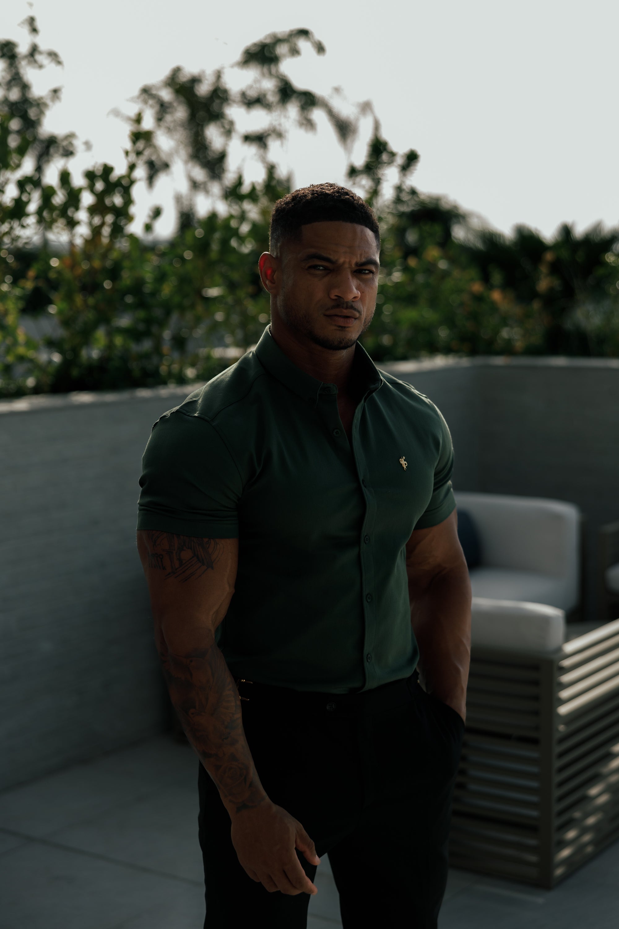 Super Slim Stretch Khaki Denim Short Sleeve with Gold Metal Decal and Button Down Collar - FS1043