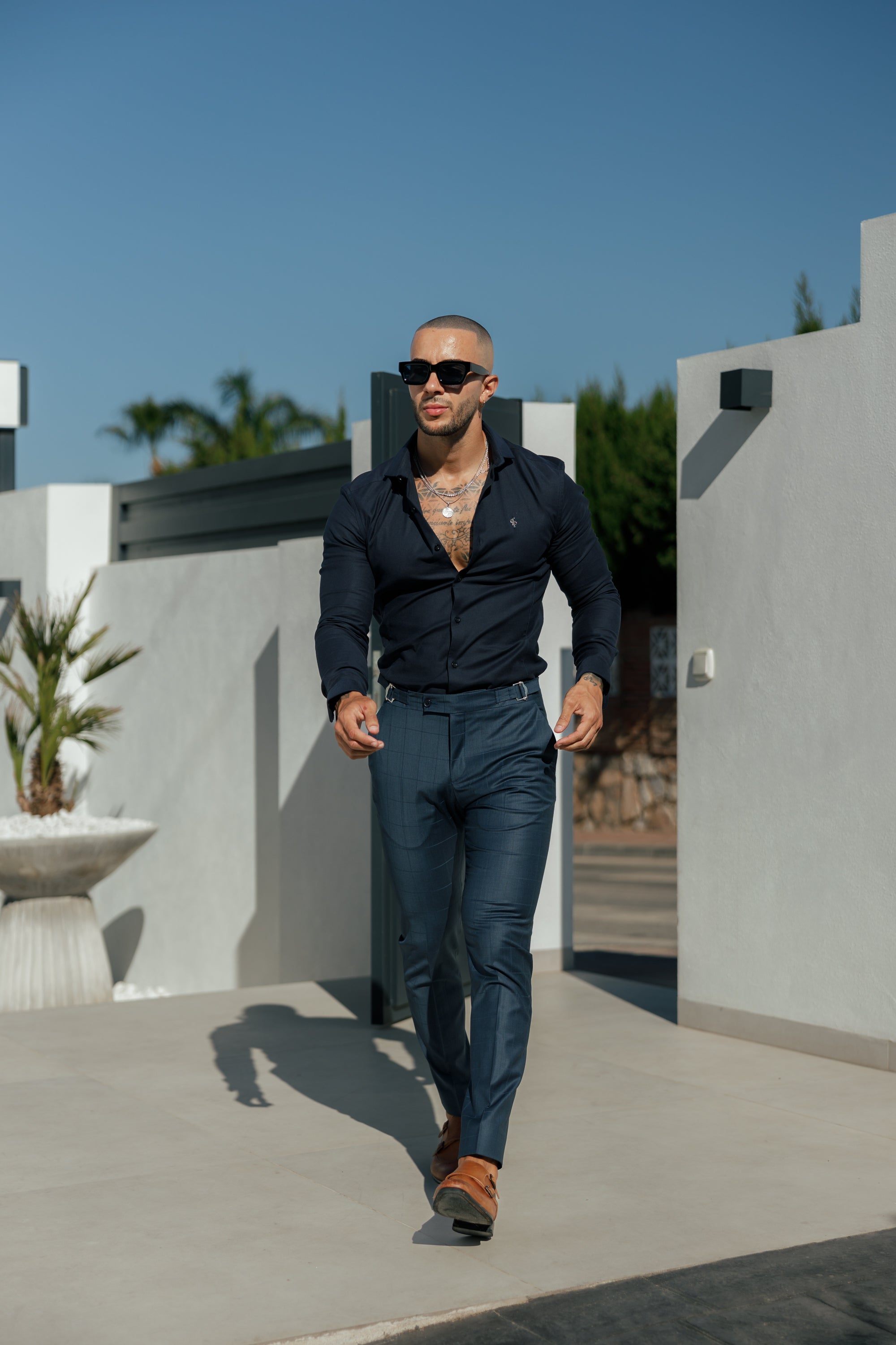 Super Slim Stretch Navy Side Panel Shirt LS - FS1090