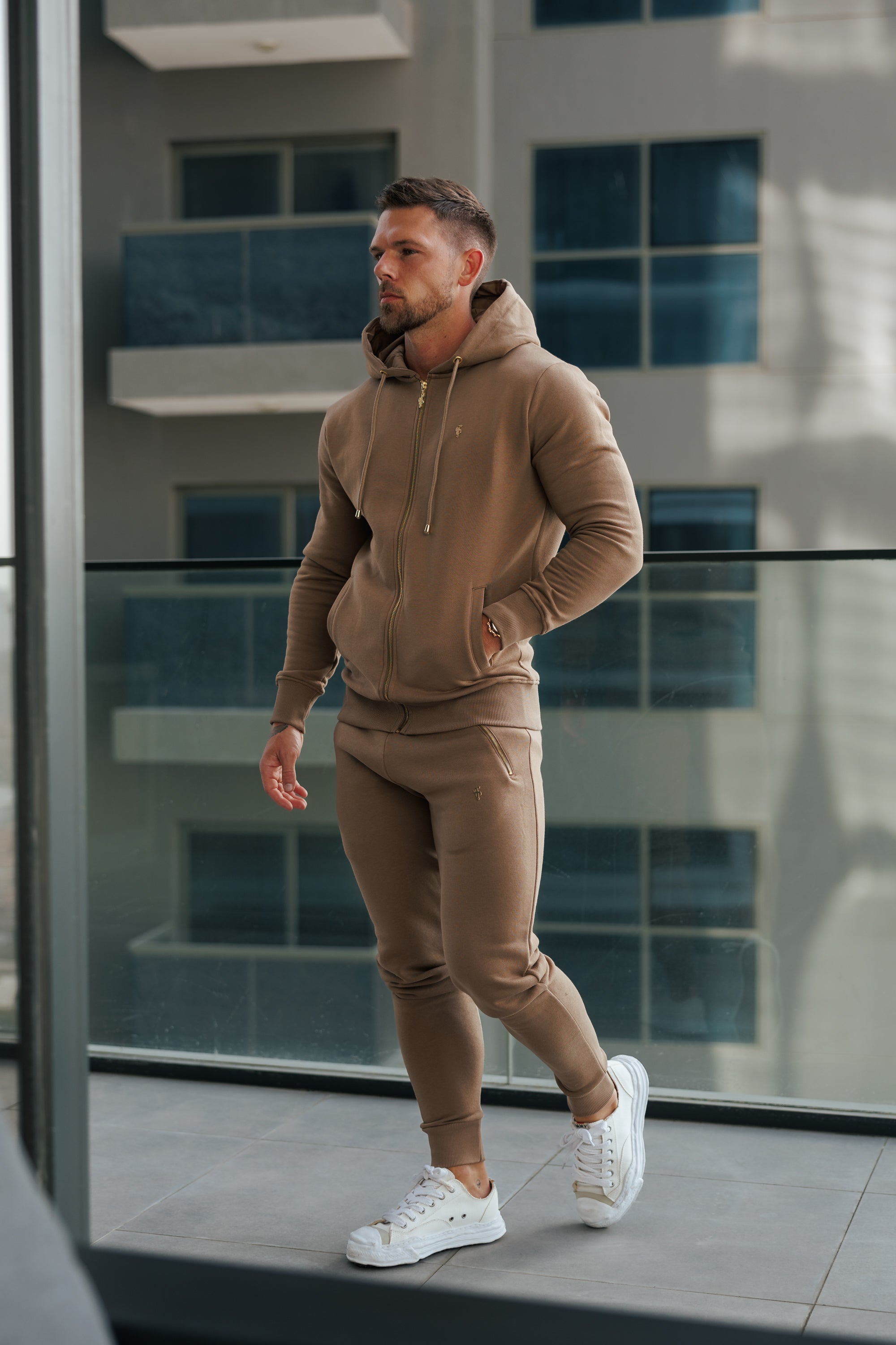 Taupe / Gold Full Zip Hoodie with Pockets - FSH1248