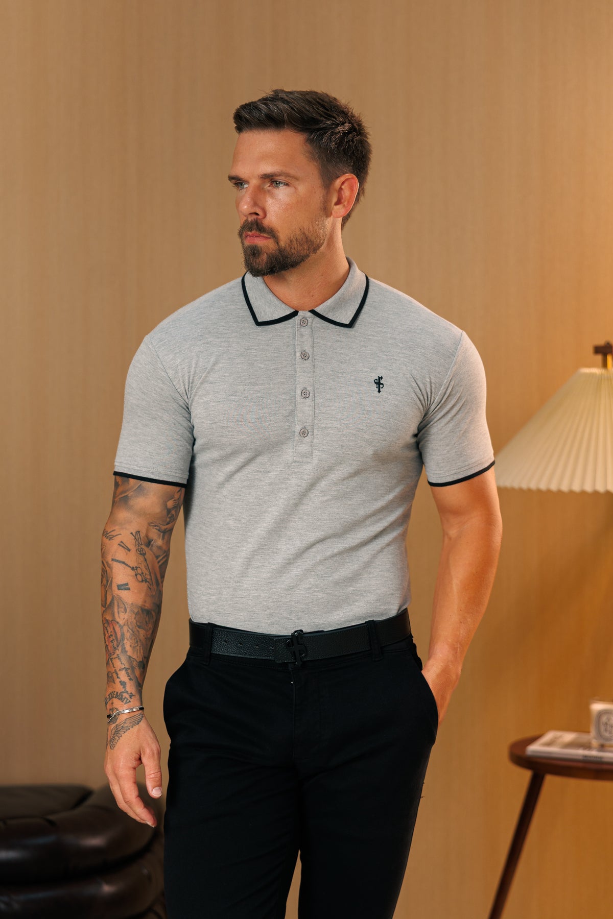 Light Grey / Black Polo Shirt With Contrast Collar and Sleeve - FSH1674