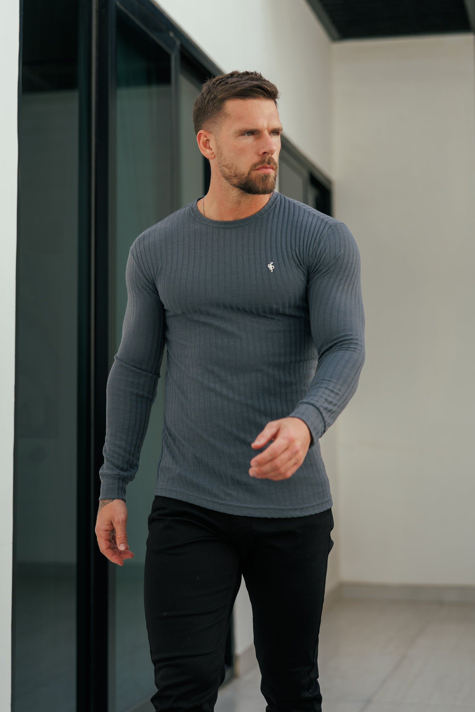 Super Slim Charcoal Ribbed Knit Jumper With Silver Metal Emblem - FSH947