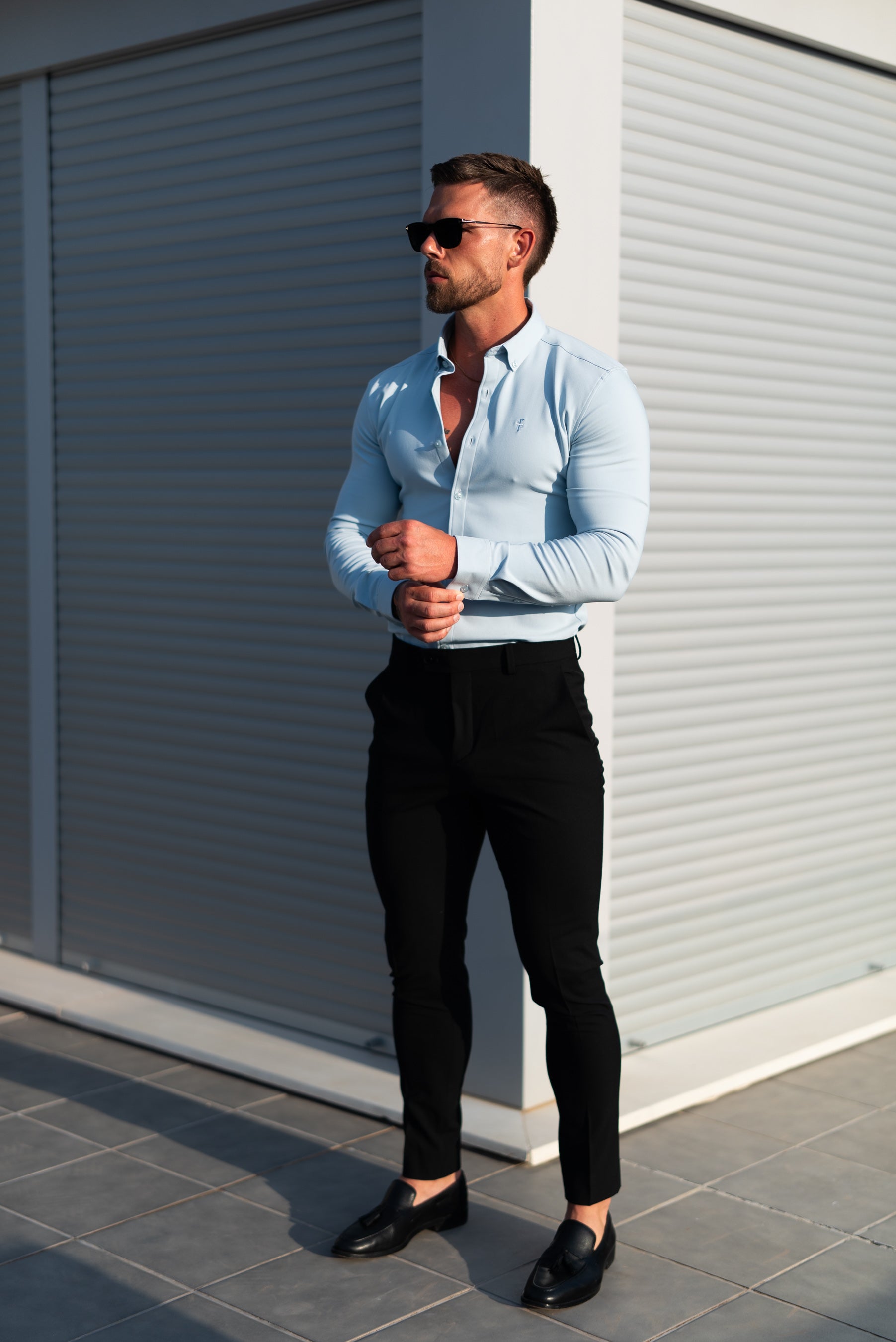 Super Slim LS Powder Blue Scuba with Button Down Collar - FS1120