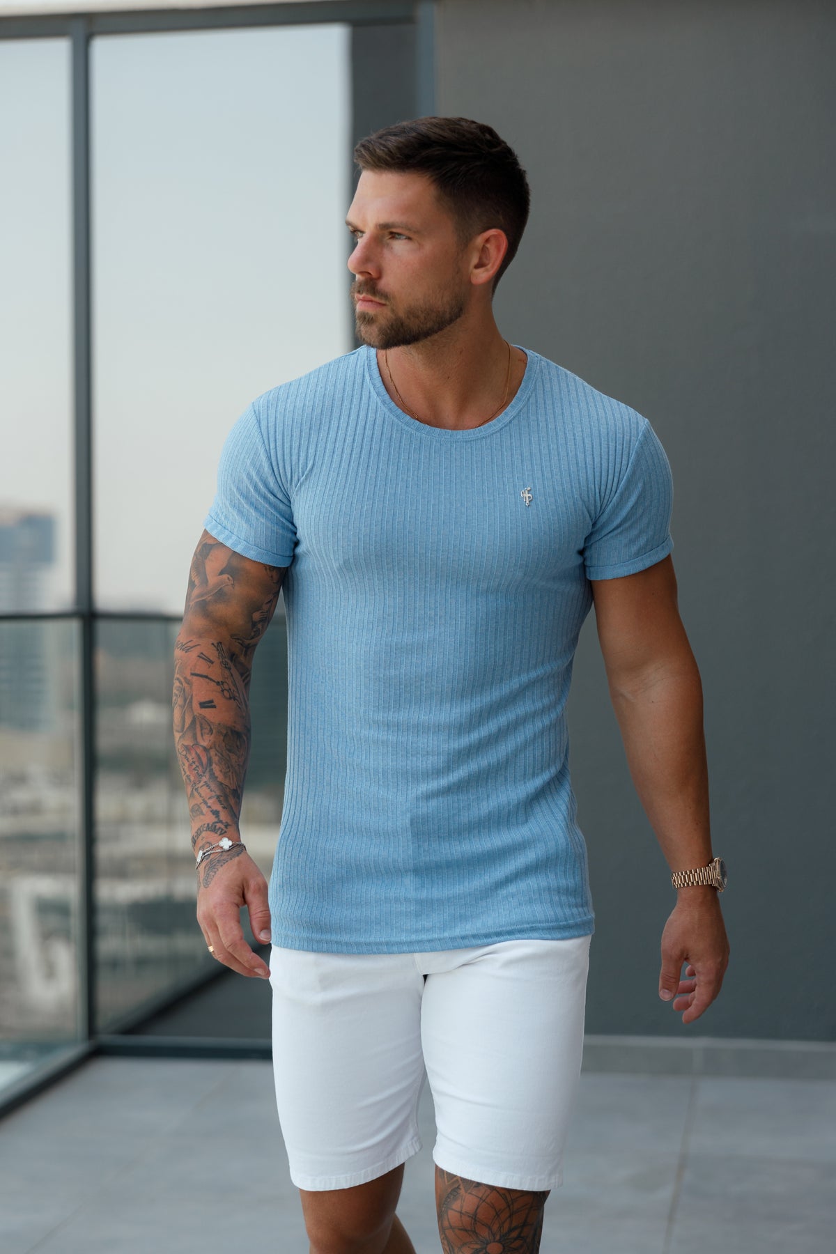 Classic Light Blue / Silver Ribbed Knit Super Slim Short Sleeve Crew T