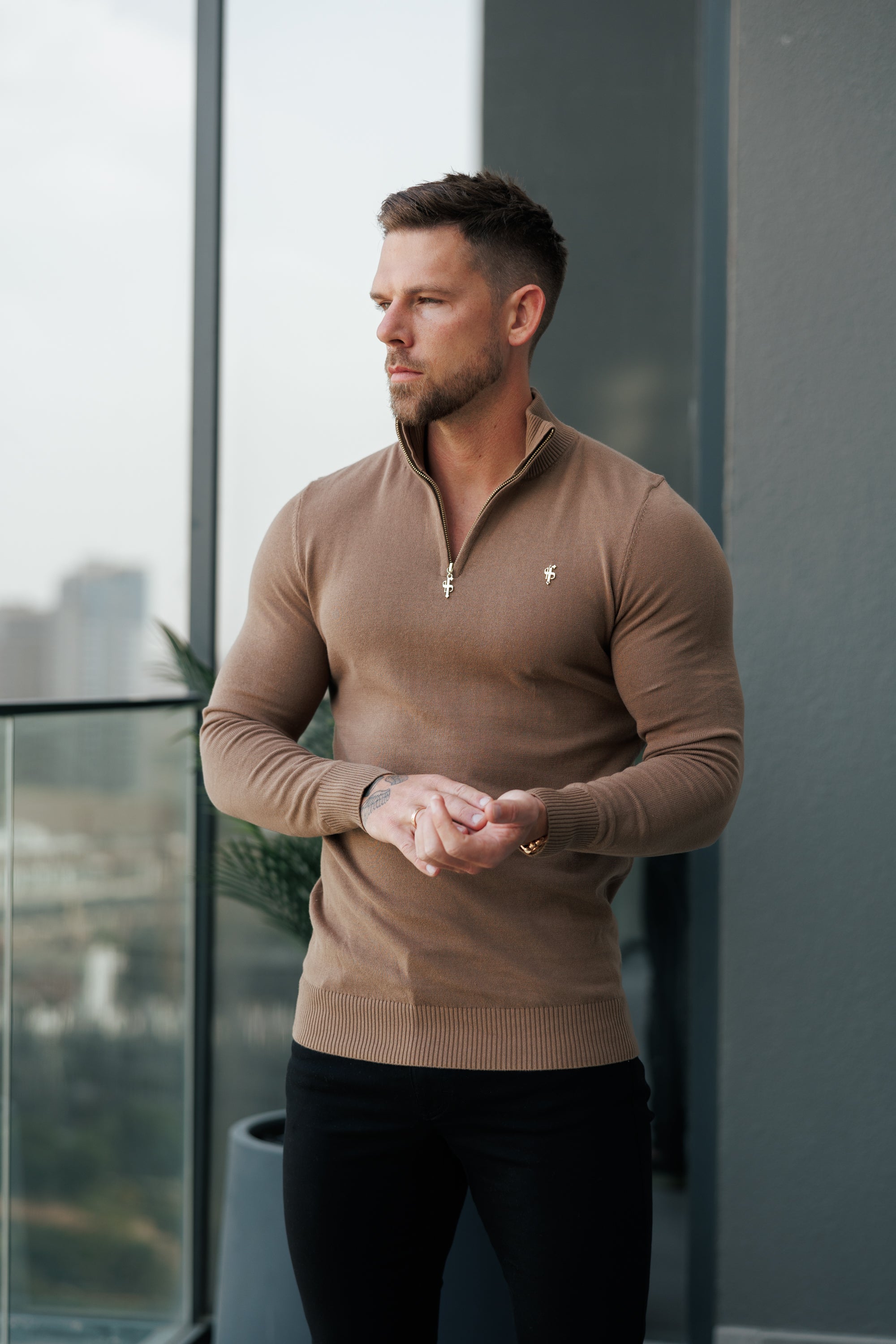 Camel Funnel Neck Knitted Jumper With FS Branding - FSN187