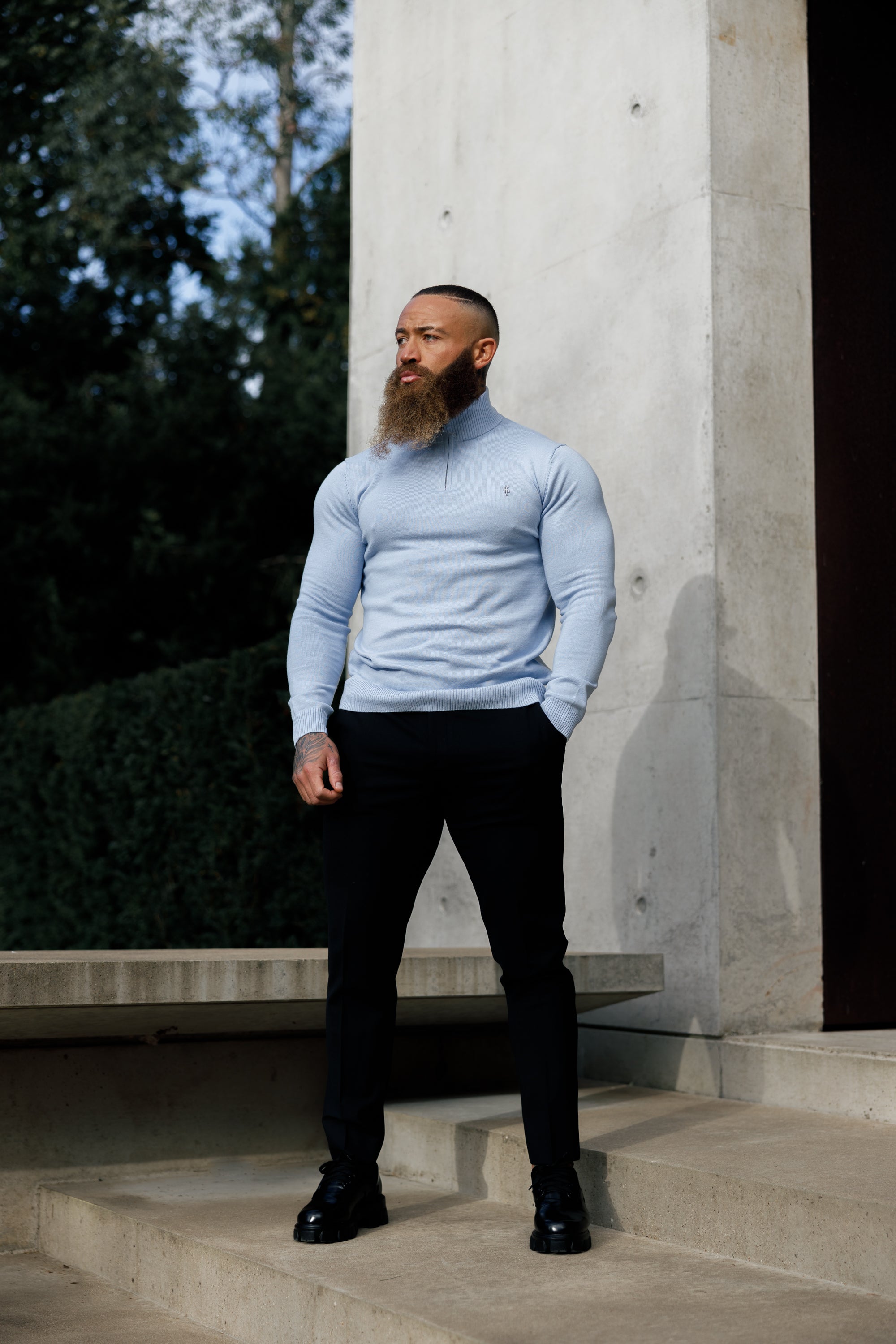 Light Blue Funnel Neck 1/2 Zip Knitted Jumper - FSN119