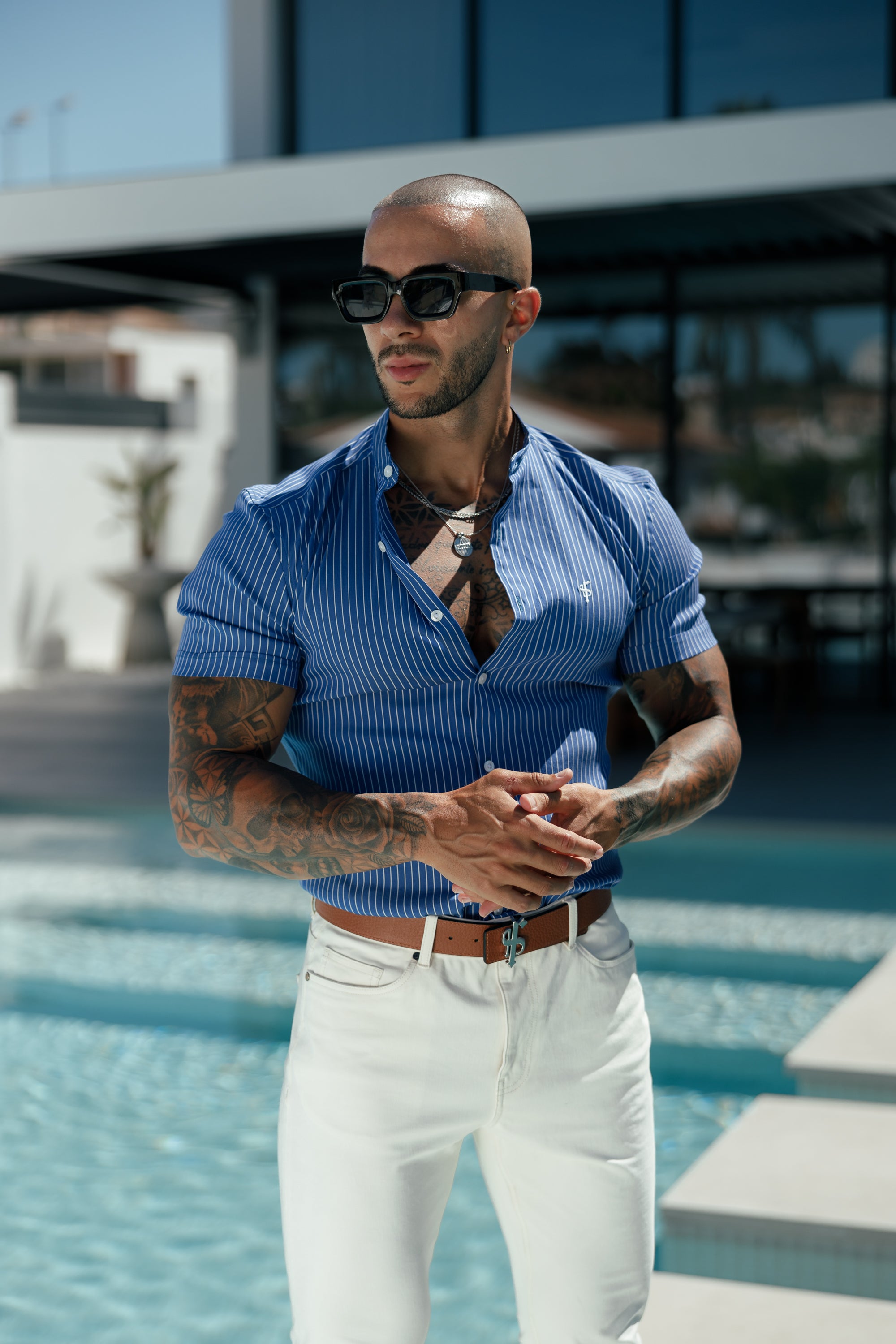 Super Slim Stretch Ocean Blue Printed Pinstripe Short Sleeve with Grandad Collar - FS1064