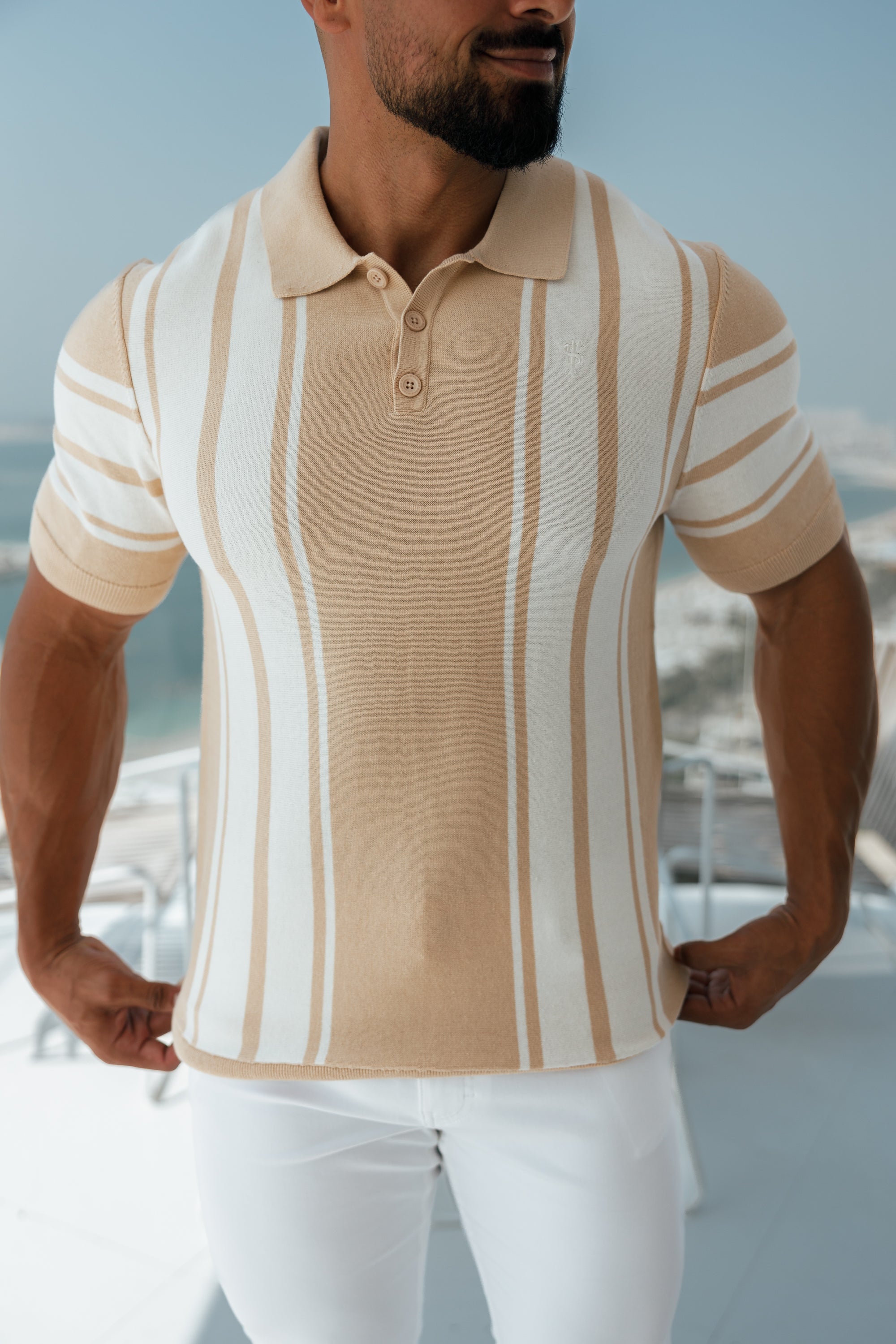 Classic Beige / Off White Knitted Vertical Stripe Polo Short Sleeve - FSN107