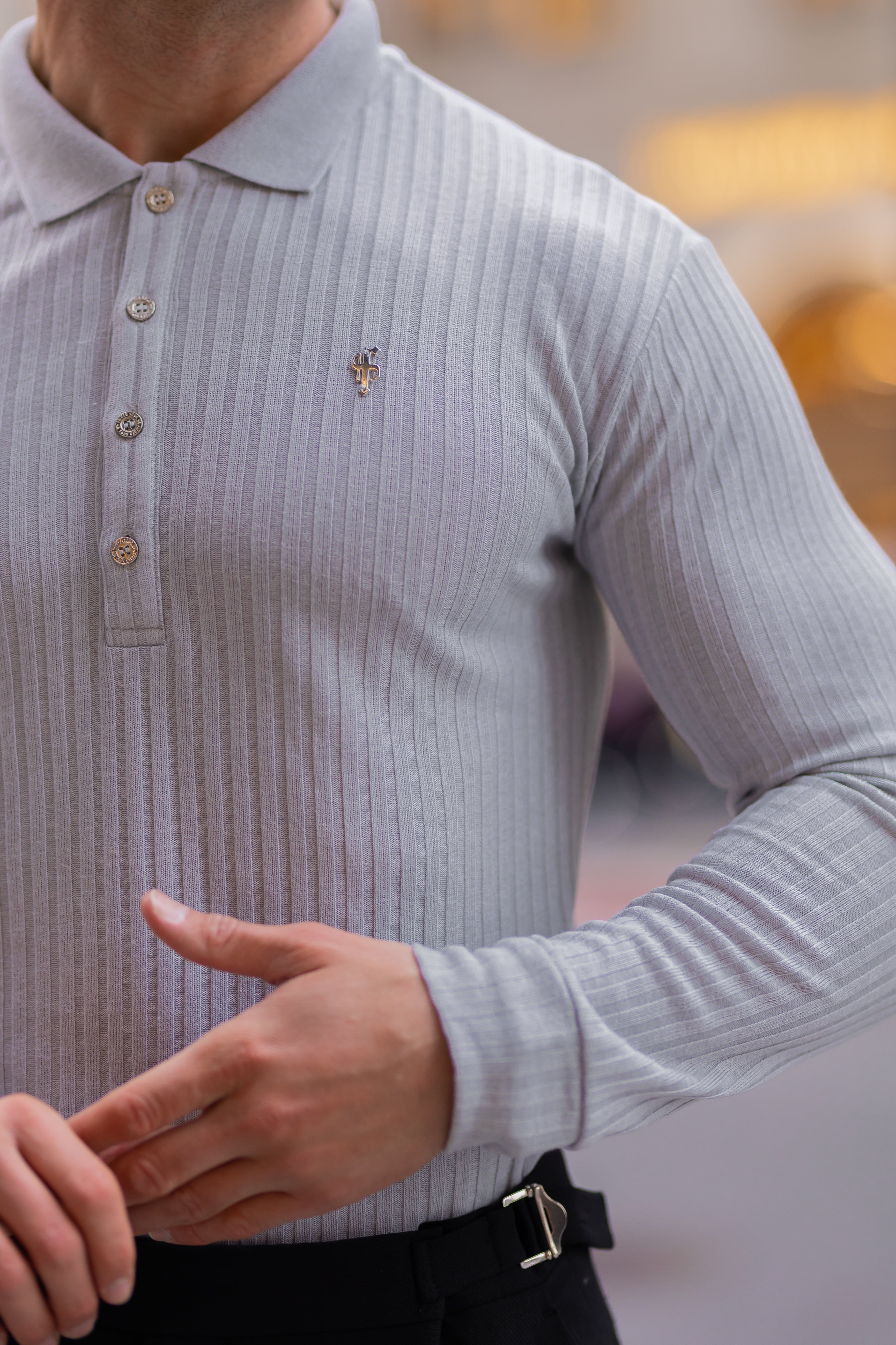 Classic Light Grey Ribbed Polo Shirt Long Sleeve With Silver Decal - FSH973