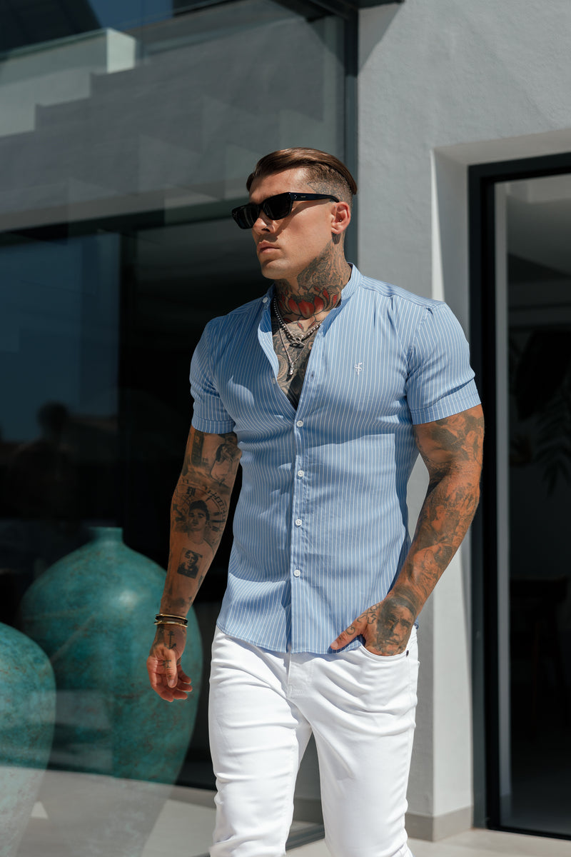 Father Sons Super Slim Stretch Light Blue Printed Pinstripe Short Sleeve with Grandad Collar - FS1060