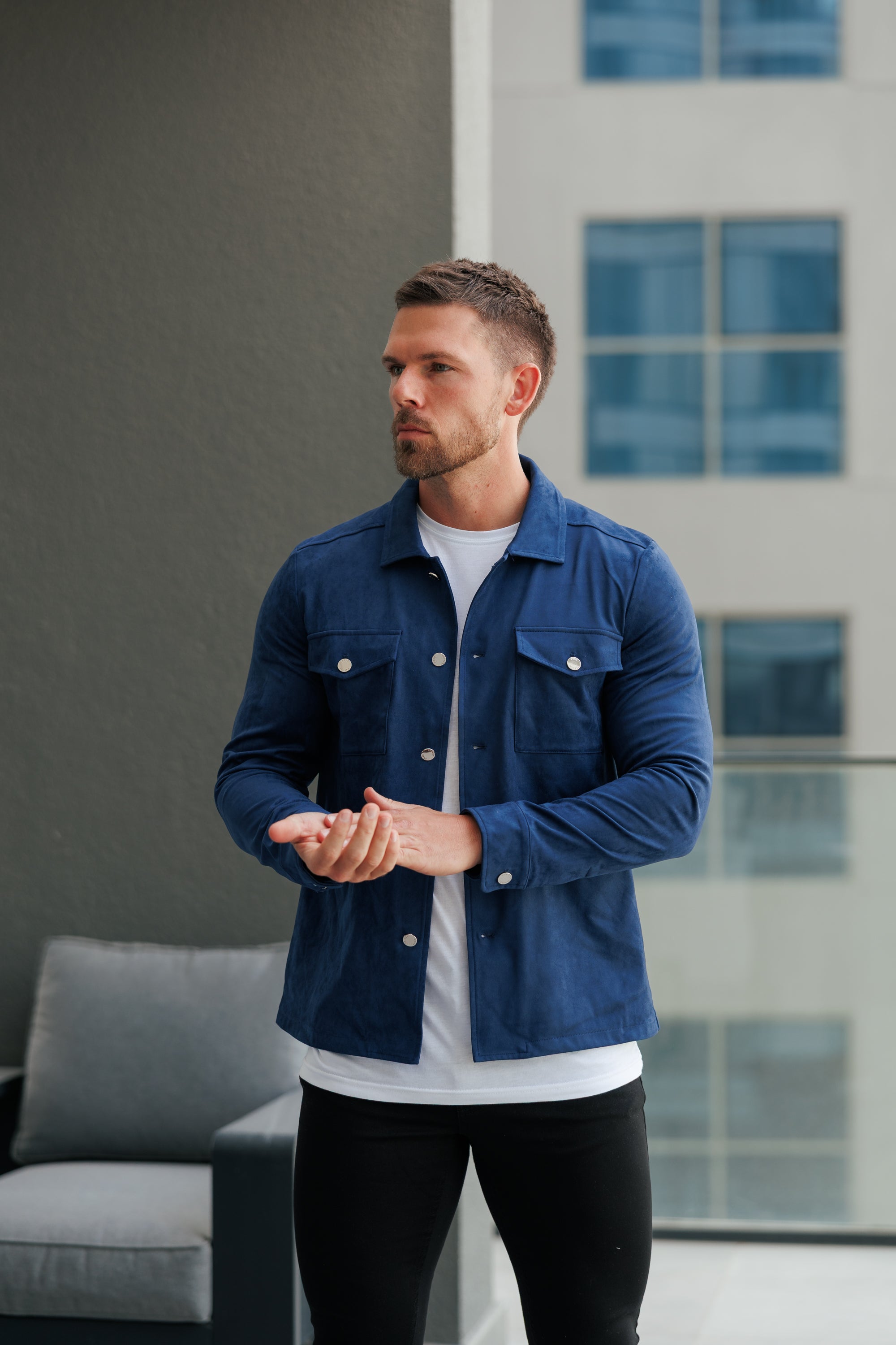 Suede Feel Button Up Jacket Navy / Silver - FSN221