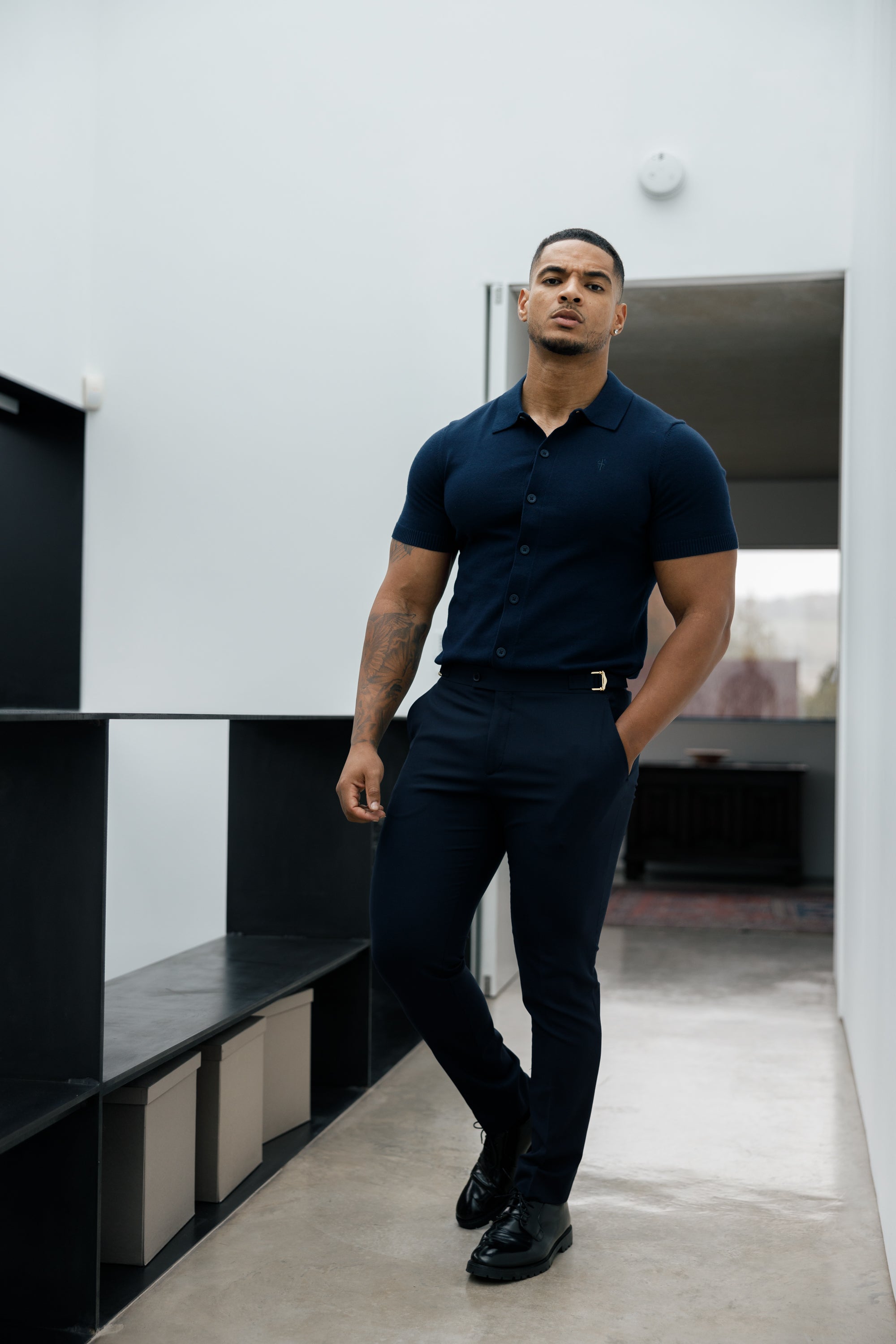 Classic Plain Navy Knitted Button Through Polo Short Sleeve - FSN103