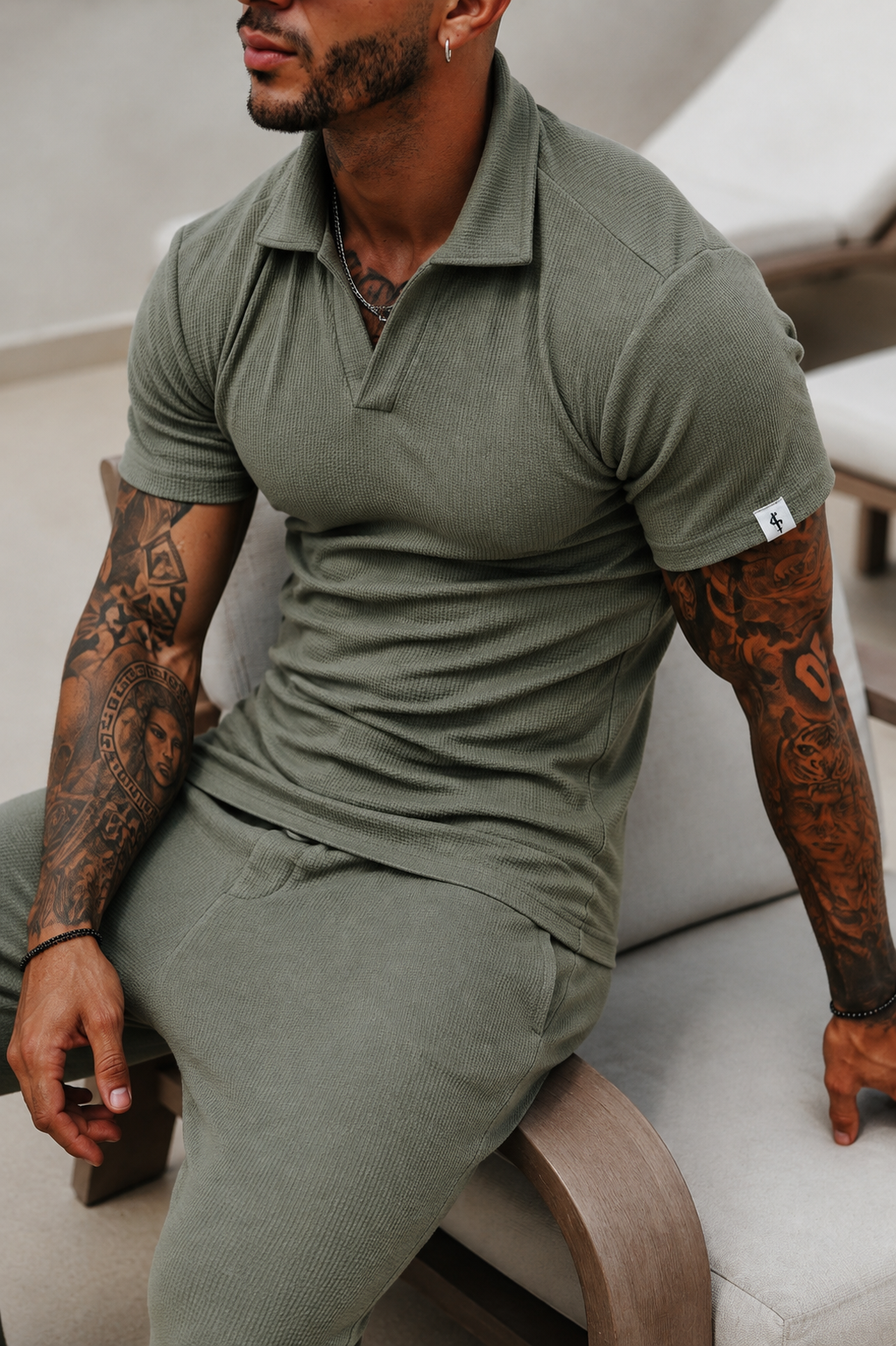 Olive Jersey Cord Revere Polo Short Sleeve - FSR149