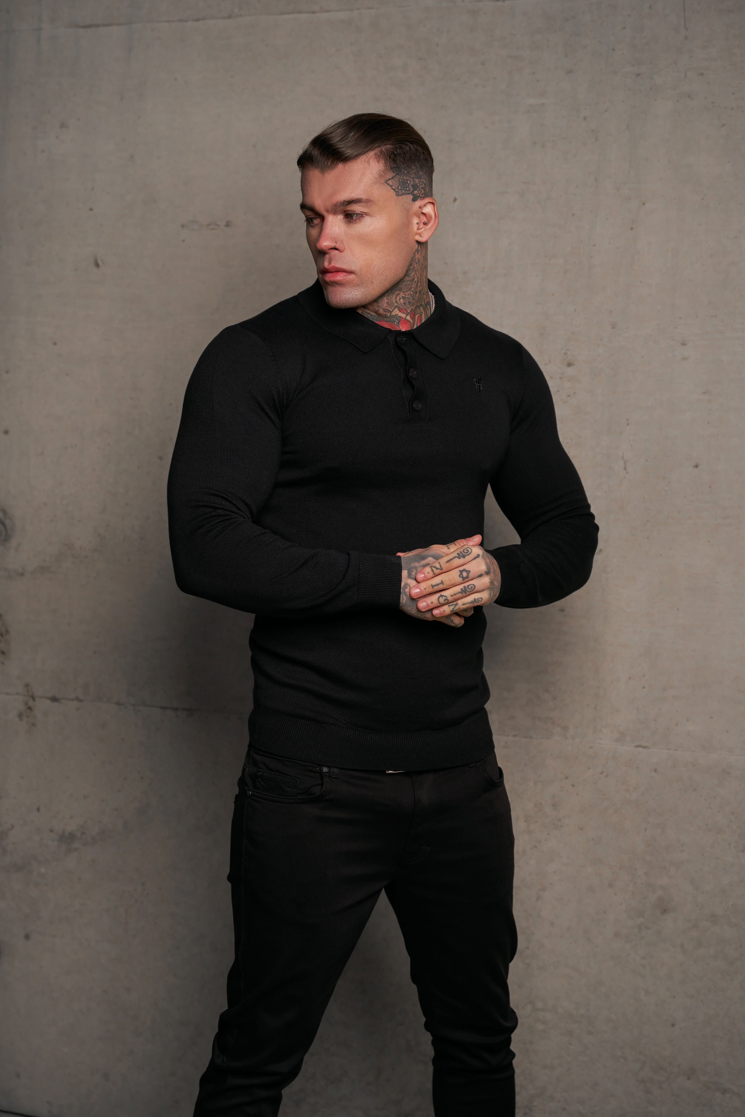 Classic Black Knitted Polo Jumper Long Sleeve With Tonal FS Embroidery- FSN139
