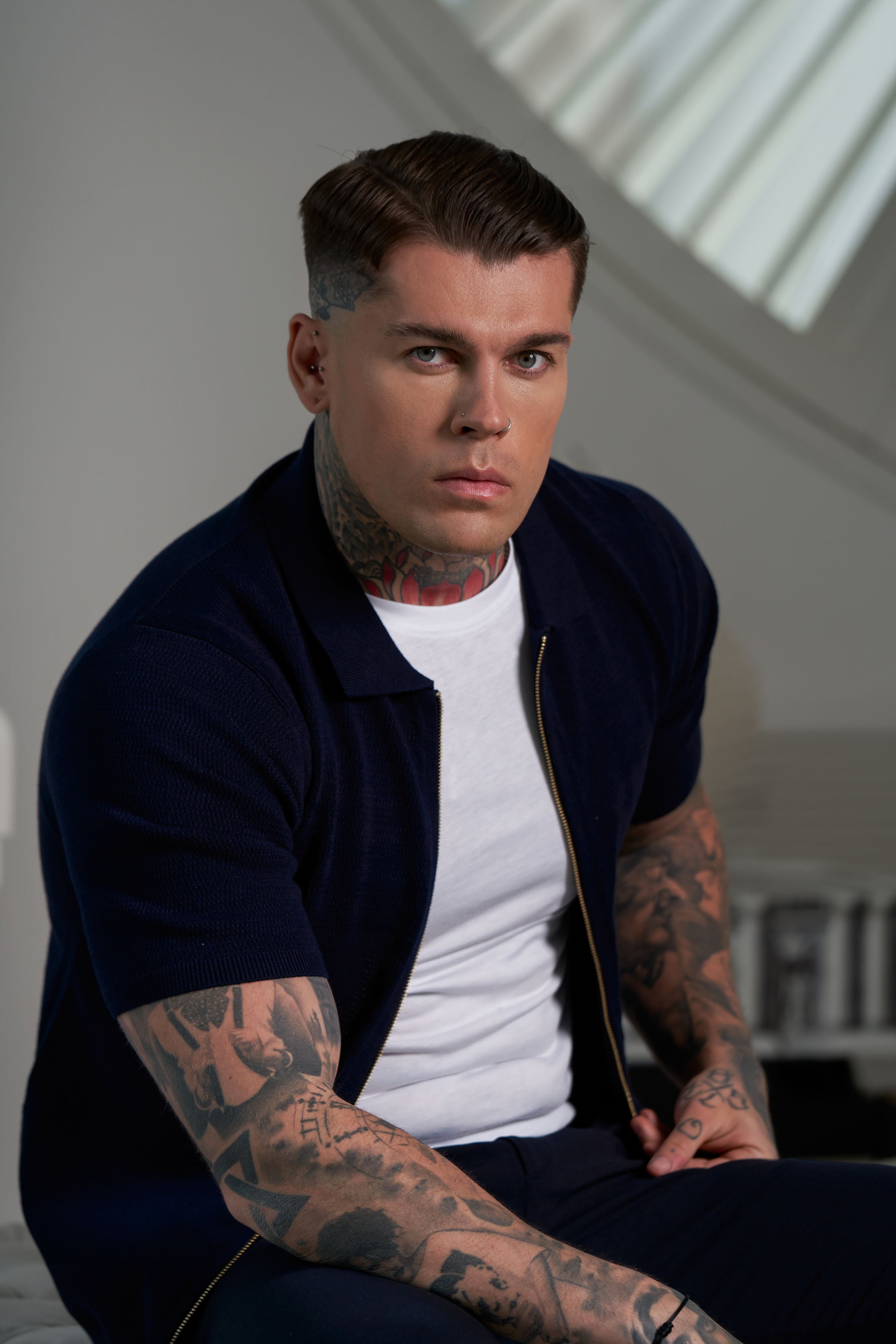 Classic Knitted Textured Design With Full Length Zip Navy Short Sleeve - FSN153