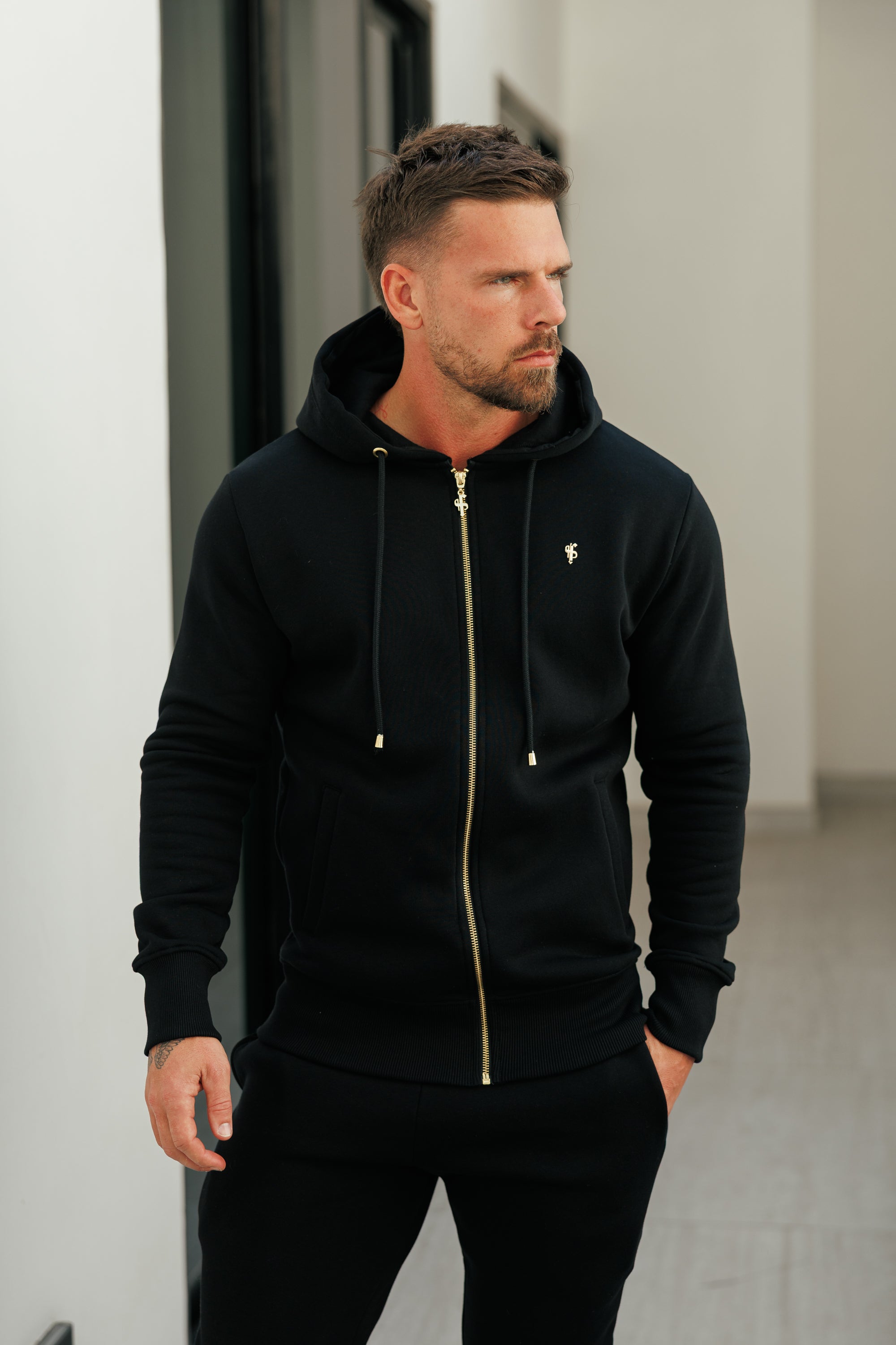 Black / Gold Full Zip Tracksuit Hoodie with Pockets - FSH1438