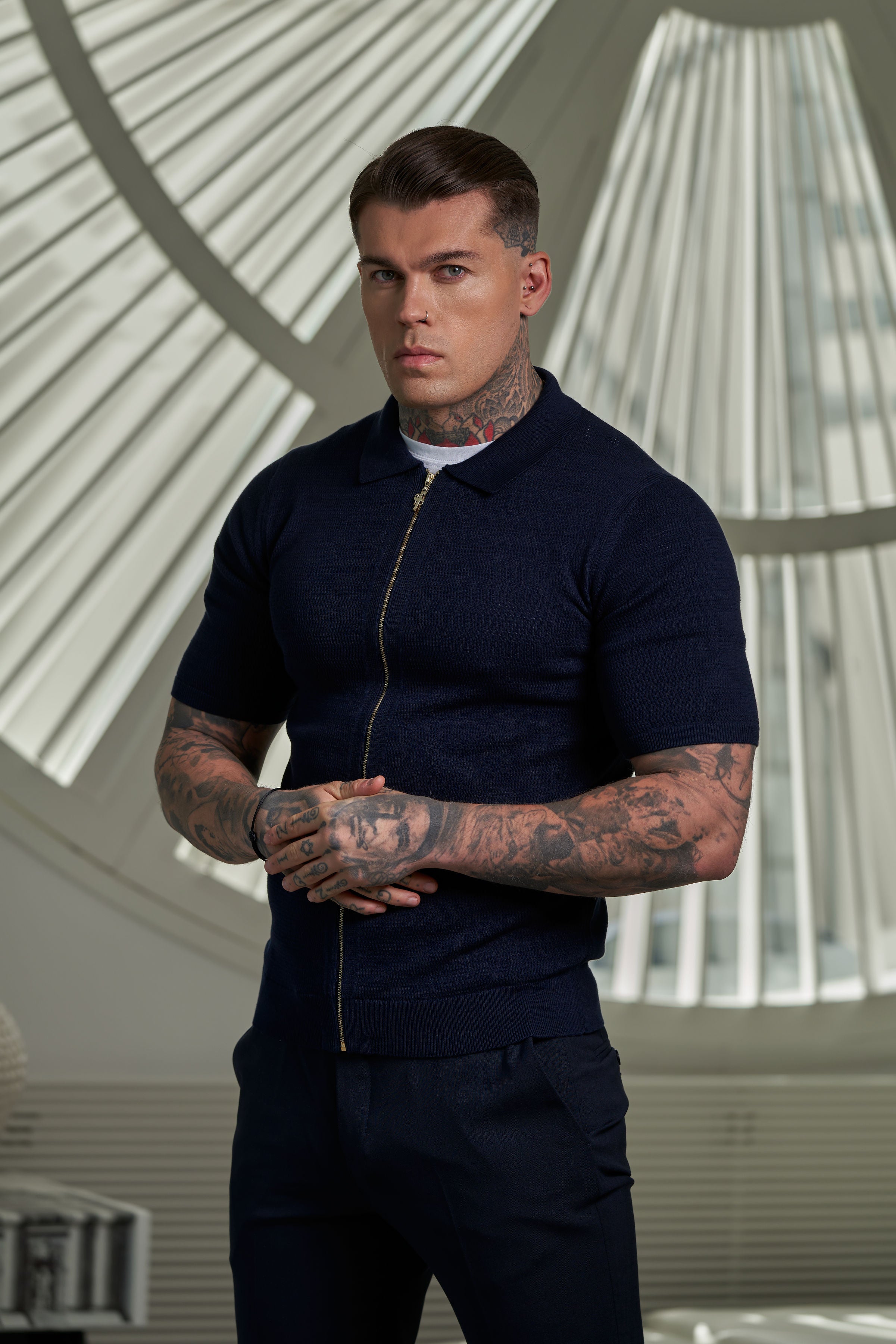 Classic Knitted Textured Design With Full Length Zip Navy Short Sleeve - FSN153