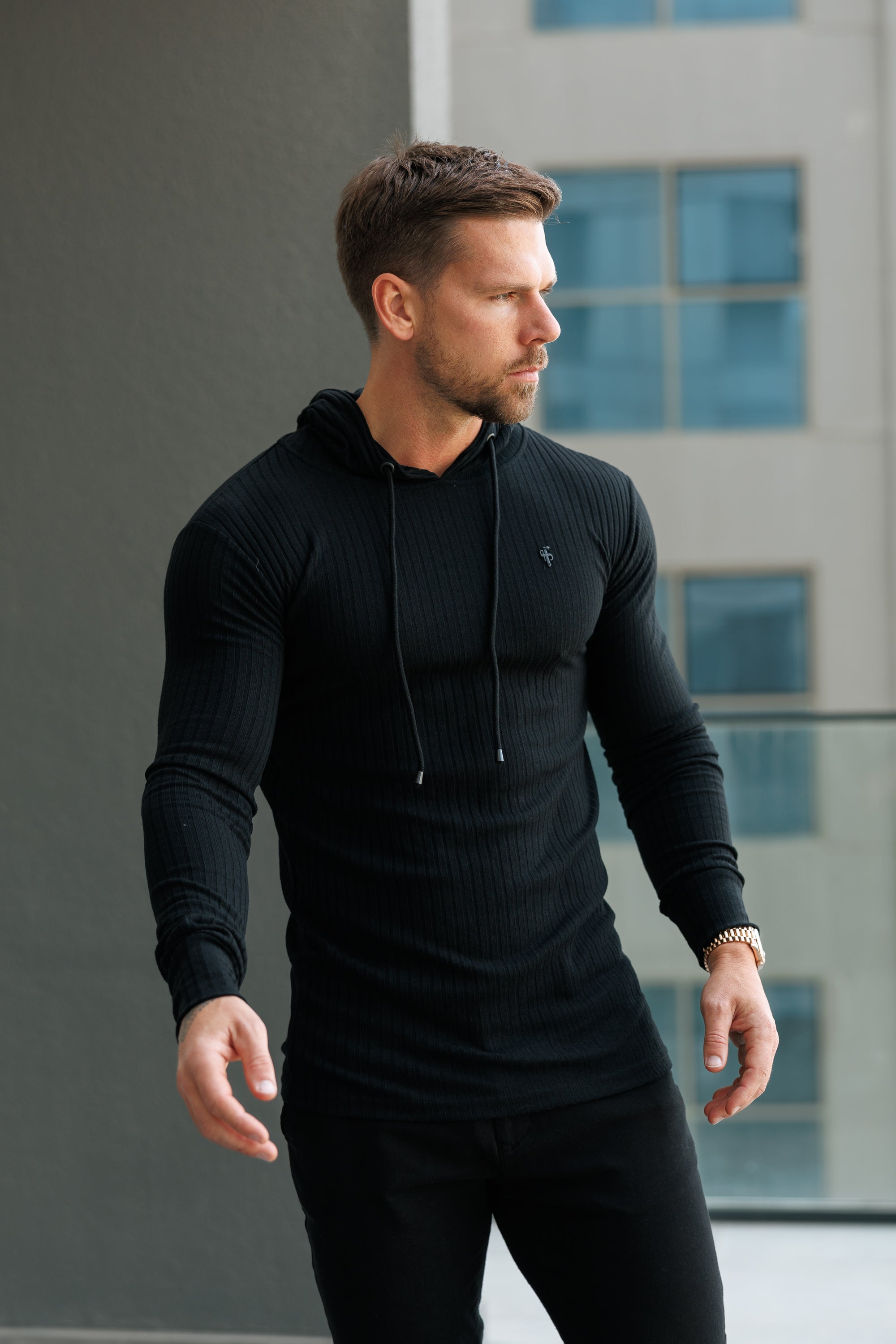 Classic Black Ribbed Knit Hoodie Jumper With Black Emblem - FSH1307