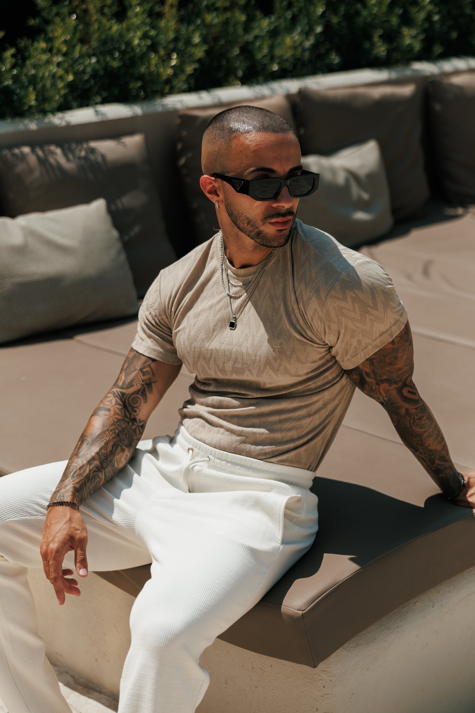 Regular Fit Jacquard Light Beige Chevron T-Shirt - FSR067