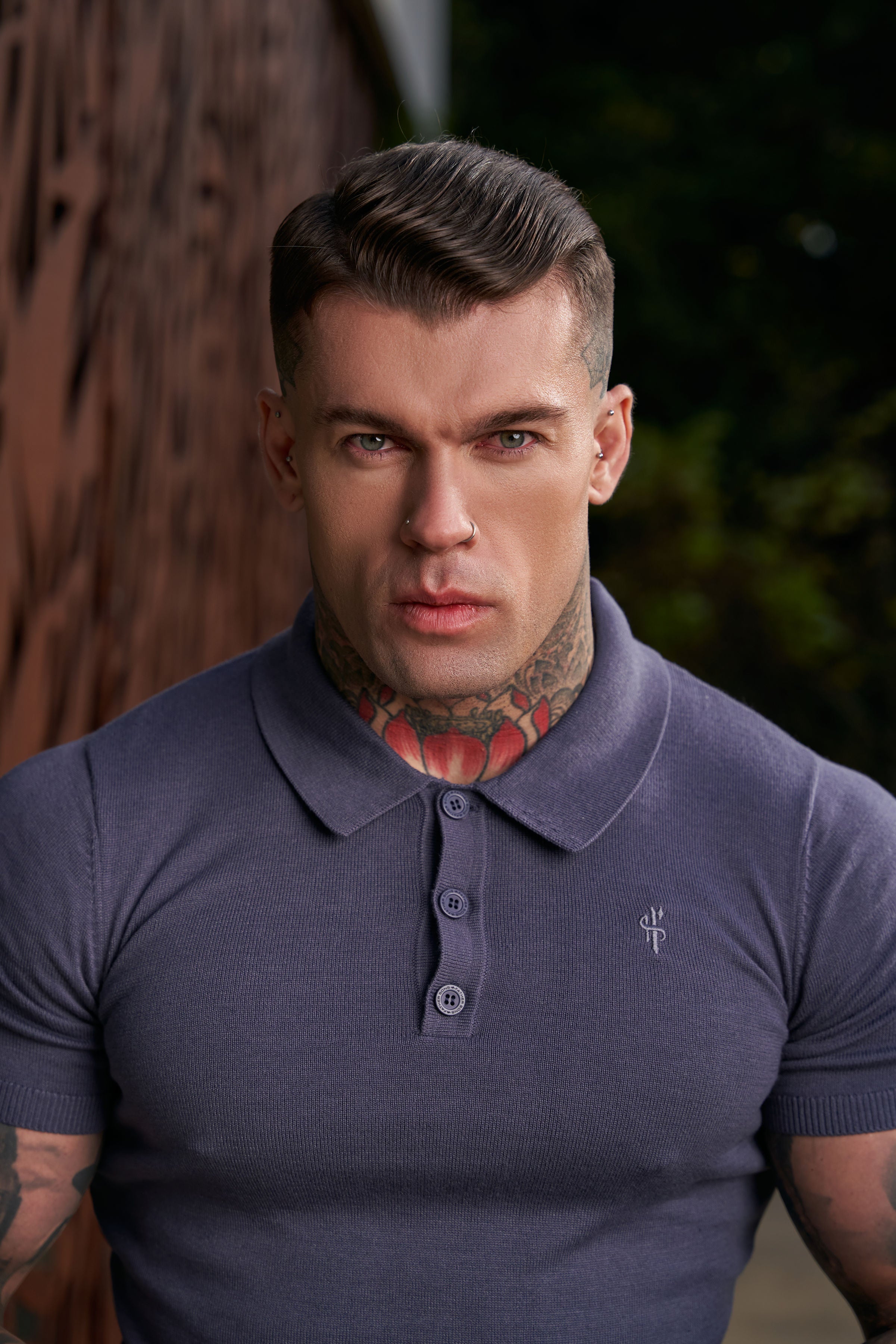 Classic Gunmetal Knitted Polo Jumper Short Sleeve With Tonal FS Embroidery- FSN145