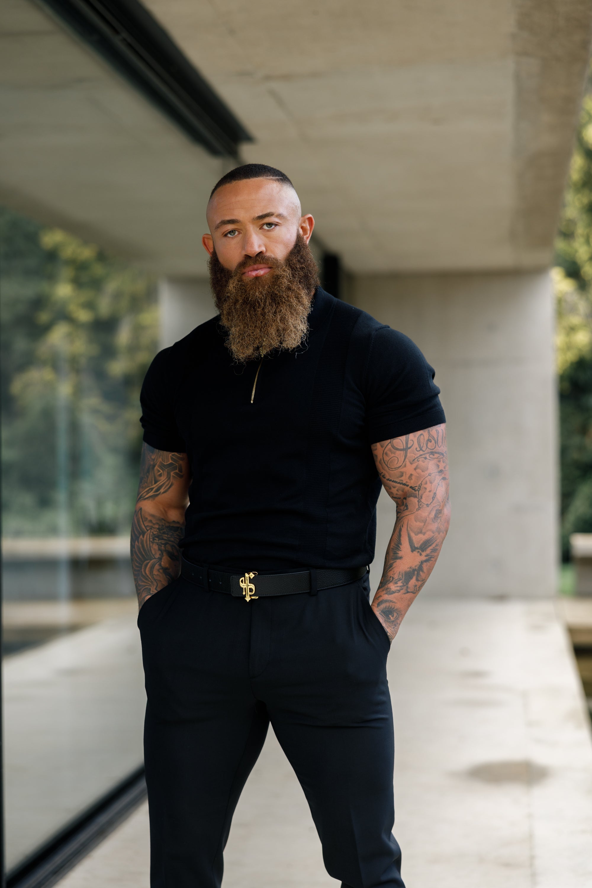 Black / Tan Leather Reversible Belt with Gold FS Buckle - FSBELT001