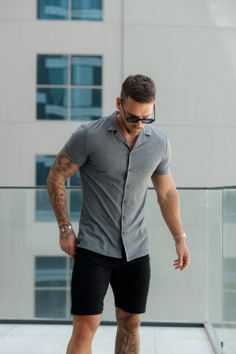 Father Sons Stretch Dark Grey Pique Revere Shirt Short Sleeve - FSH1073  (PRE ORDER 11TH JUNE)