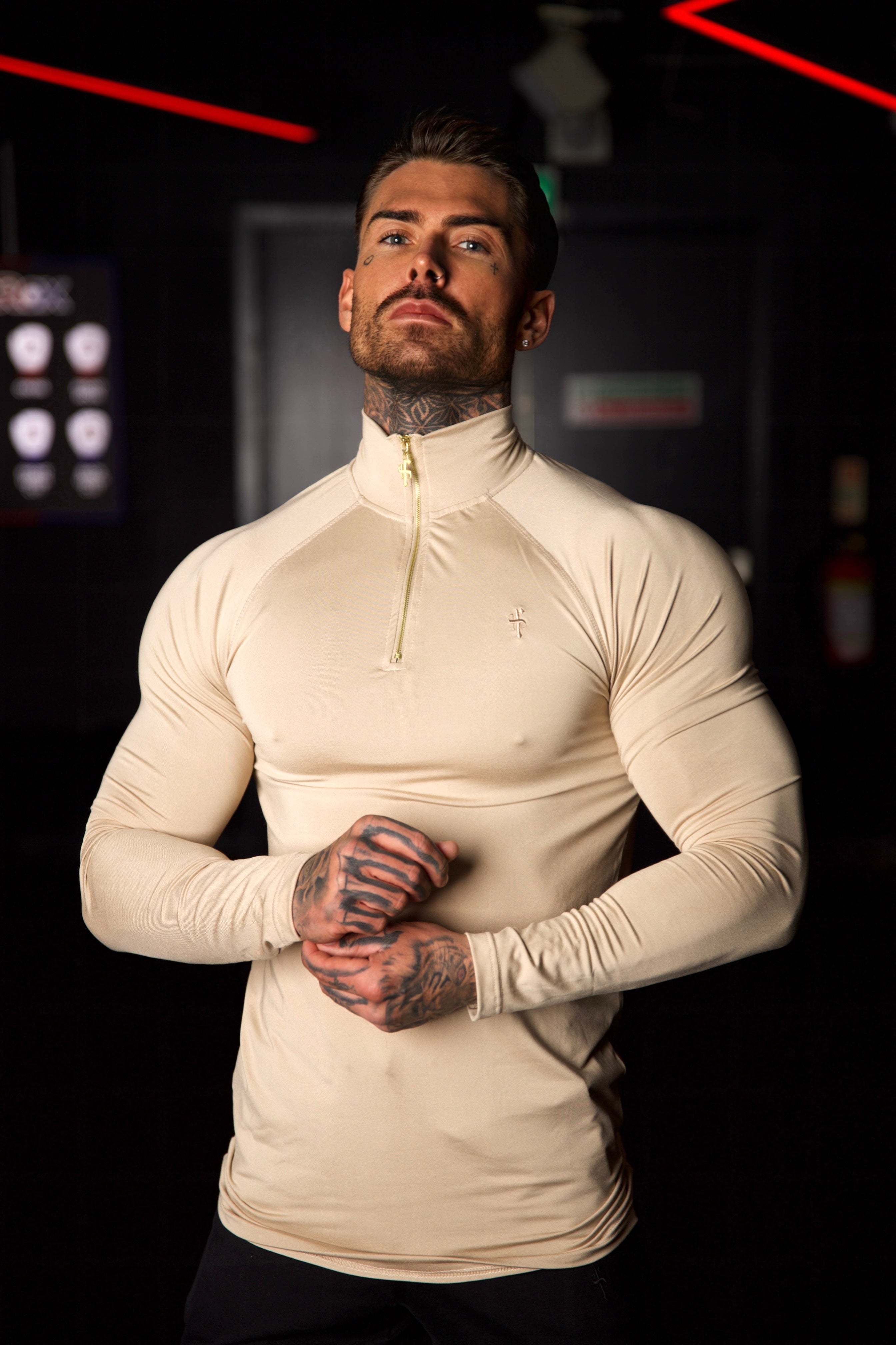 Long Sleeve Beige / Gold Half Zip Gym Top - FSH892