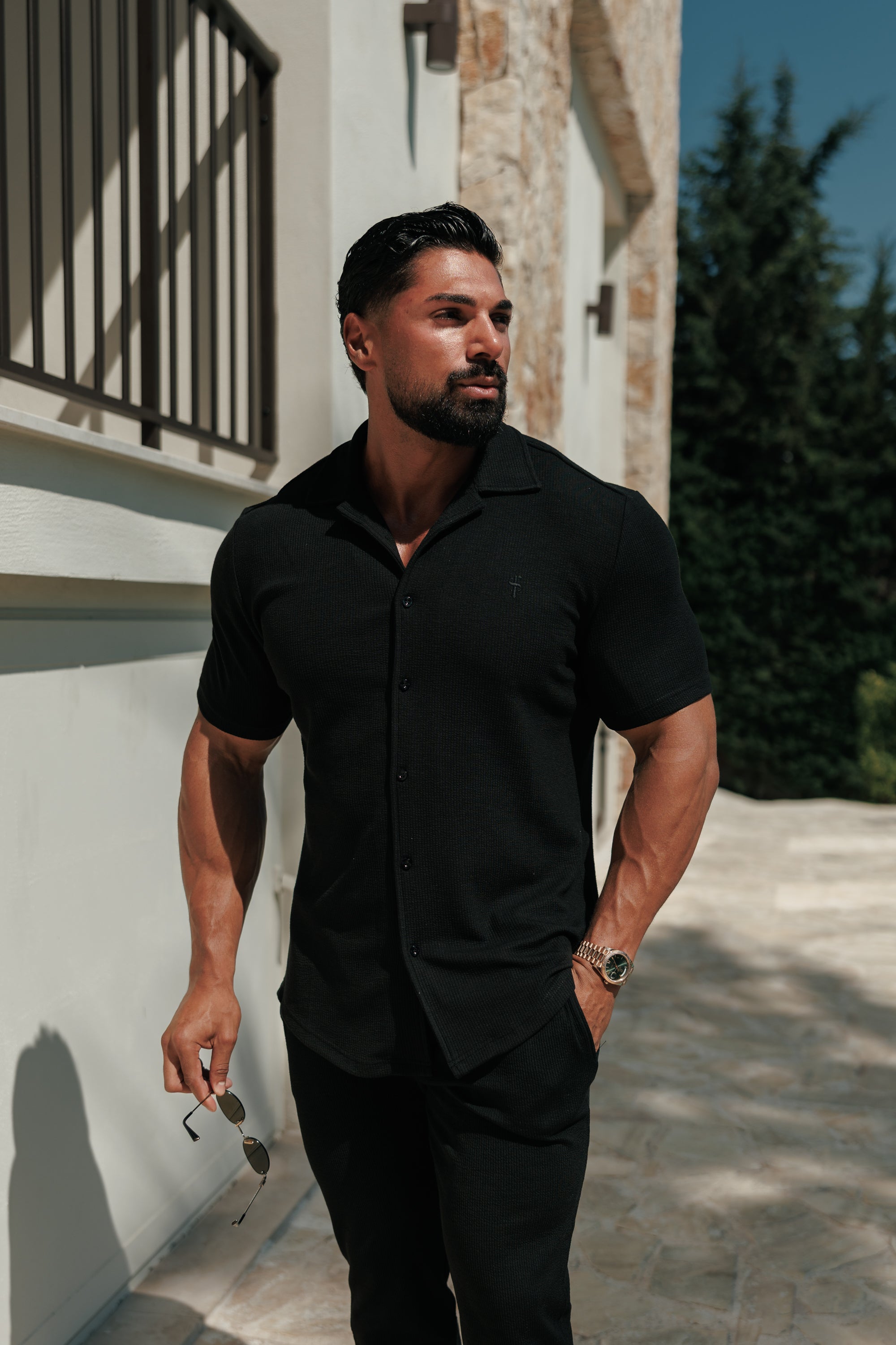 Jersey Cord Stretch Black Revere Shirt Short Sleeve - FSR070 (PRE ORDER 30TH JUNE)