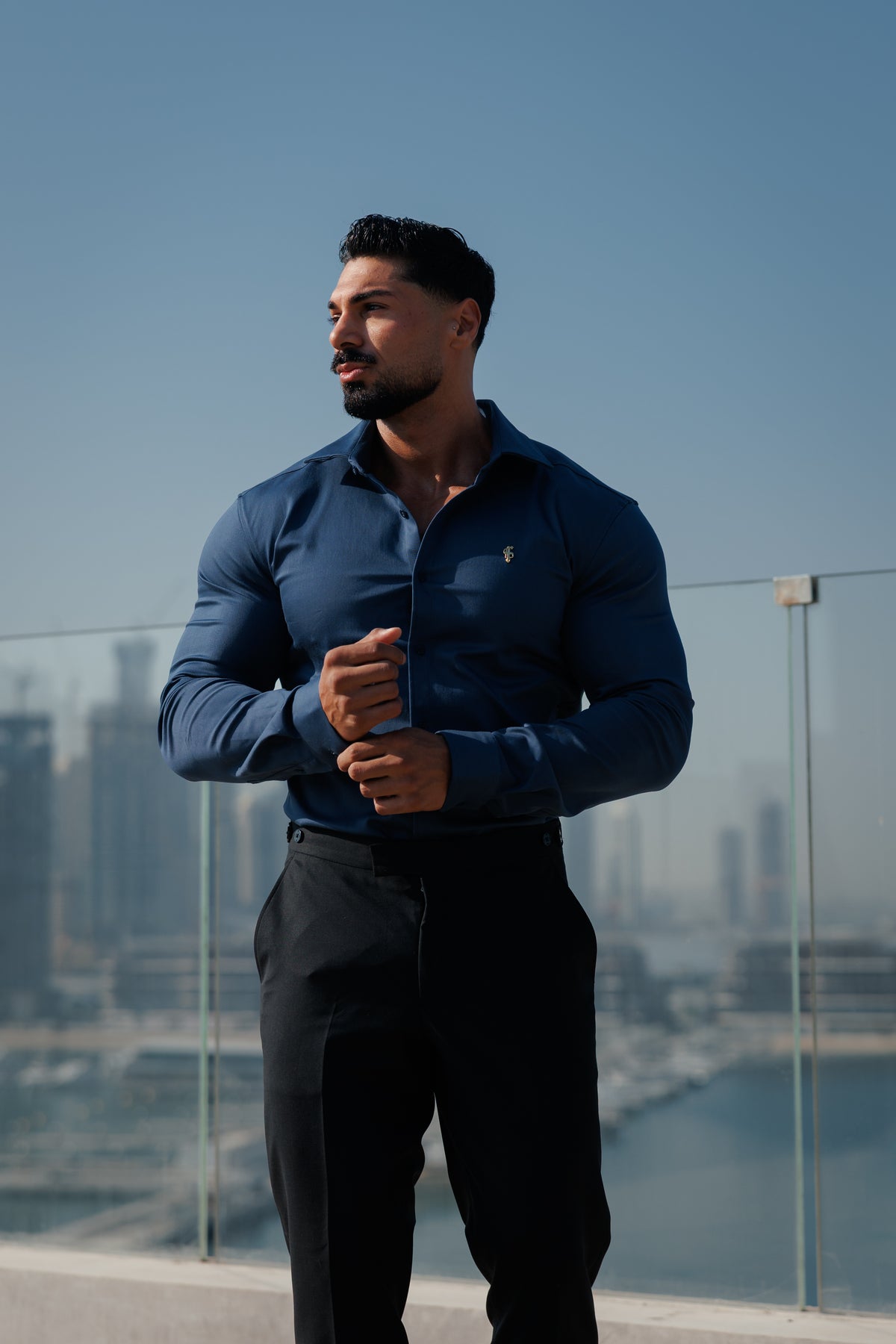 Super Slim Stretch New Navy Denim Long Sleeve with Gold Metal Decal and Cutaway Collar - FS1314