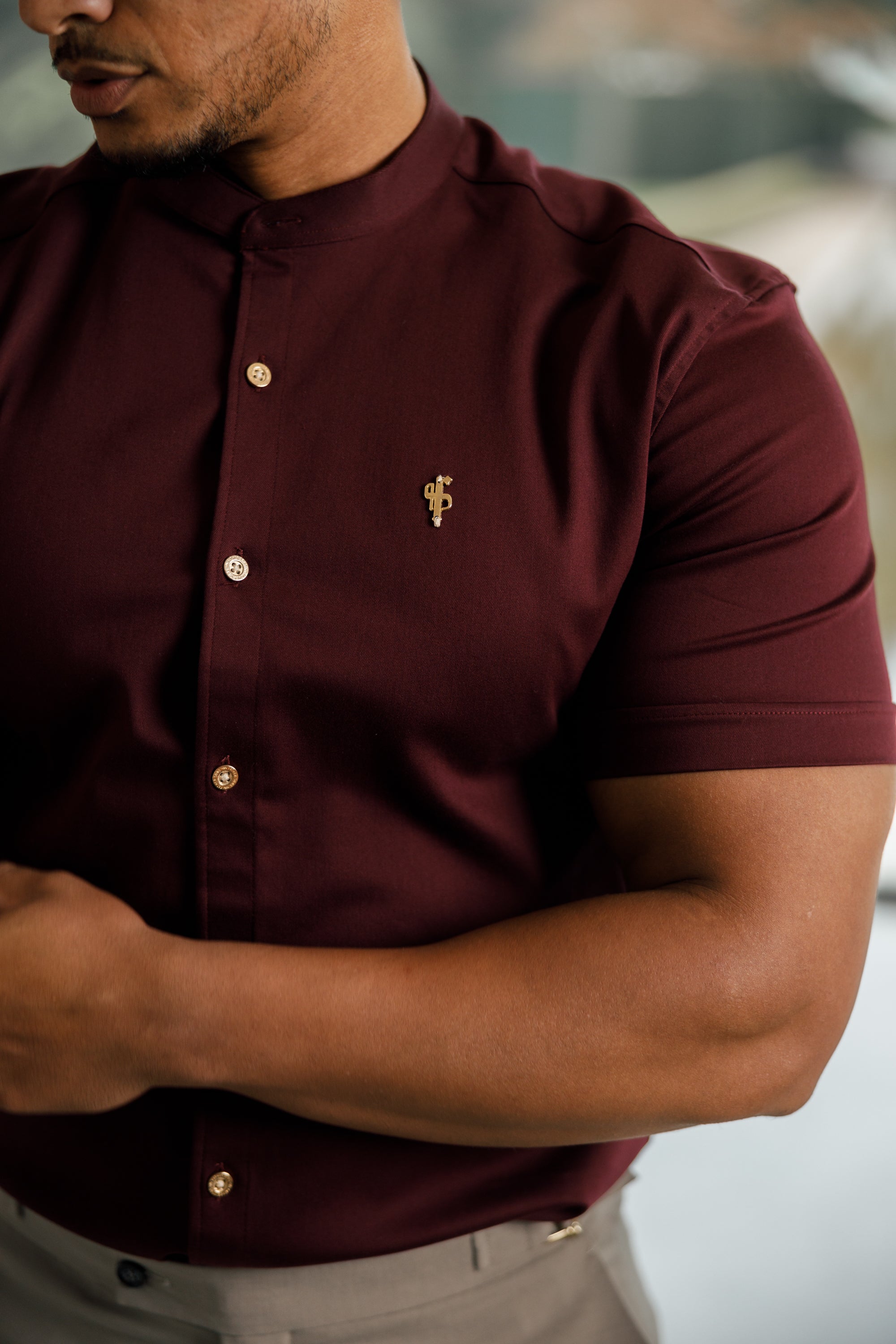 Super Slim Stretch Burgundy Denim Short Sleeve Grandad collar with Metal Buttons and Decal Emblem - FS722