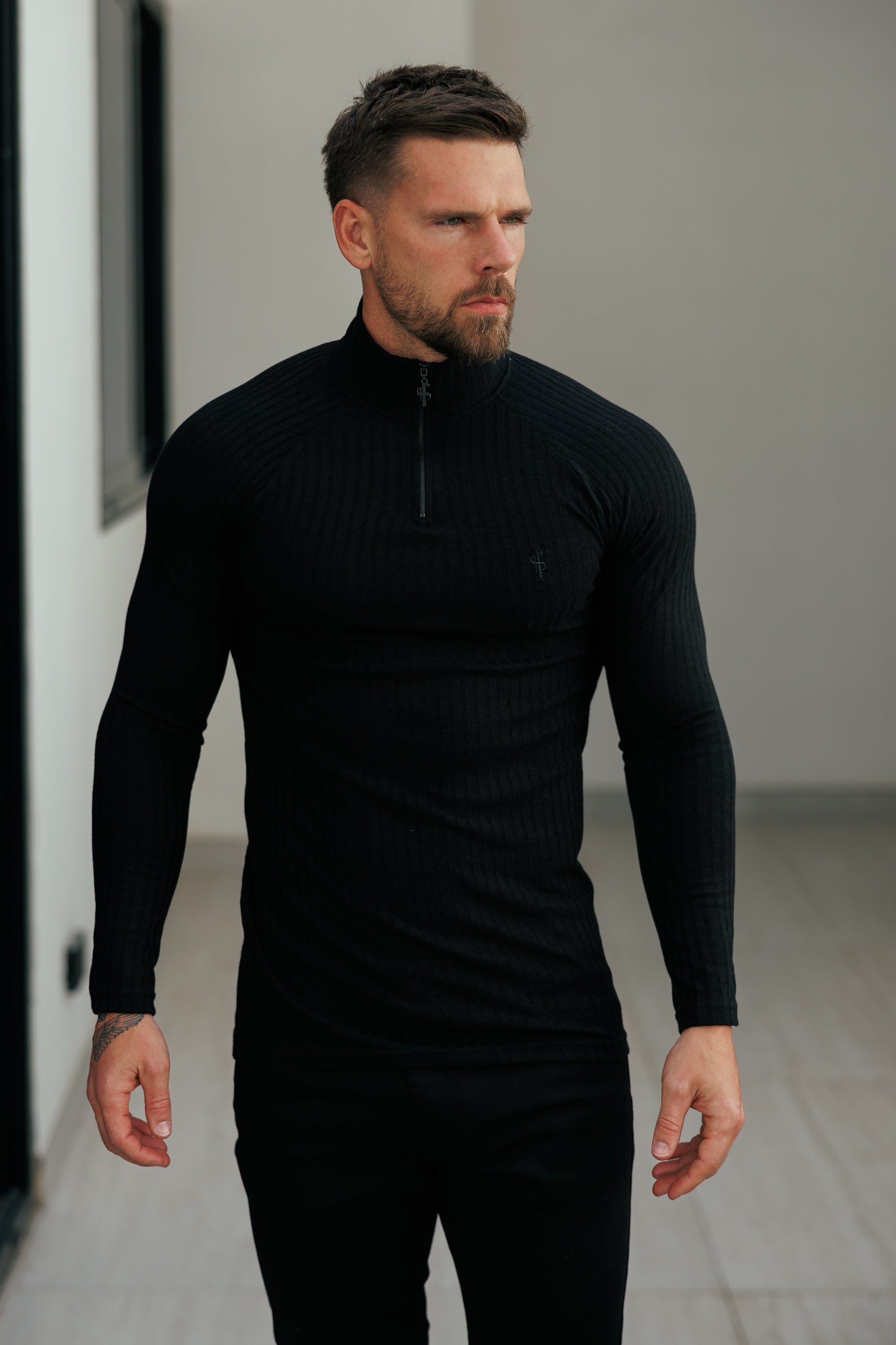 Super Slim Black Ribbed Zip Funnel Neck Raglan Long Sleeve Crew - FSH1265