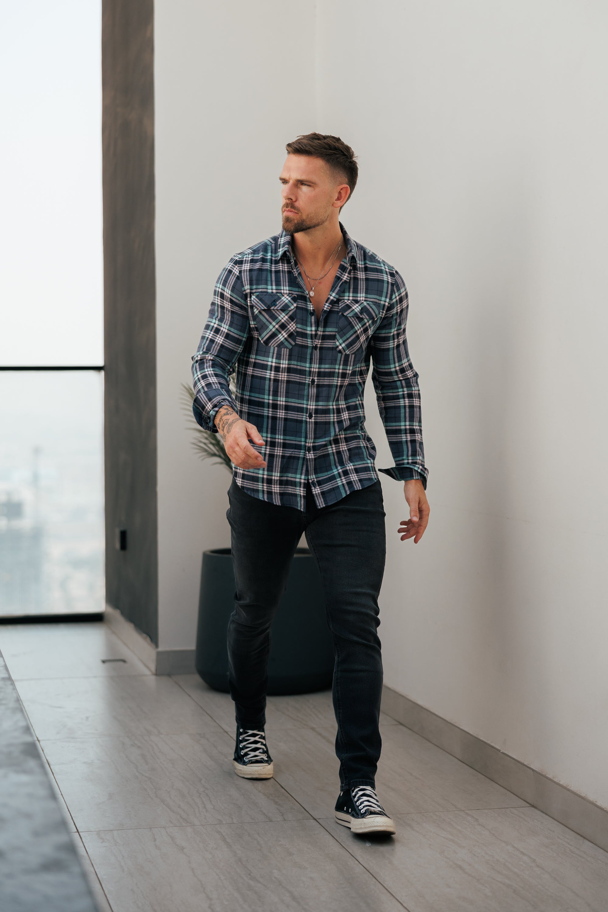 Navy / Green / Pink Check Shacket With Double Pockets - FS1195