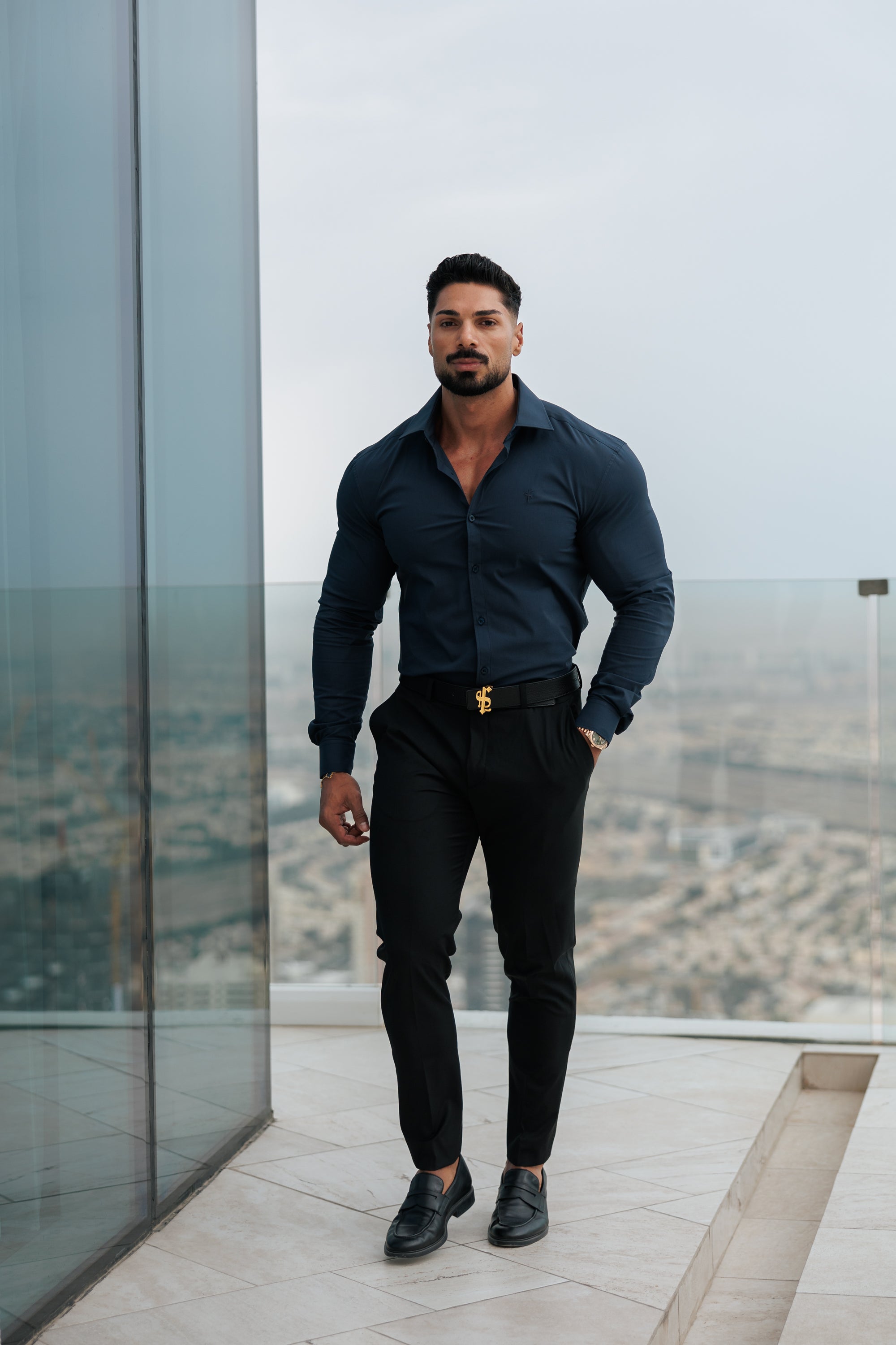 Muscle Fit Advanced Stretch Navy with Cutaway Collar  - FS1168