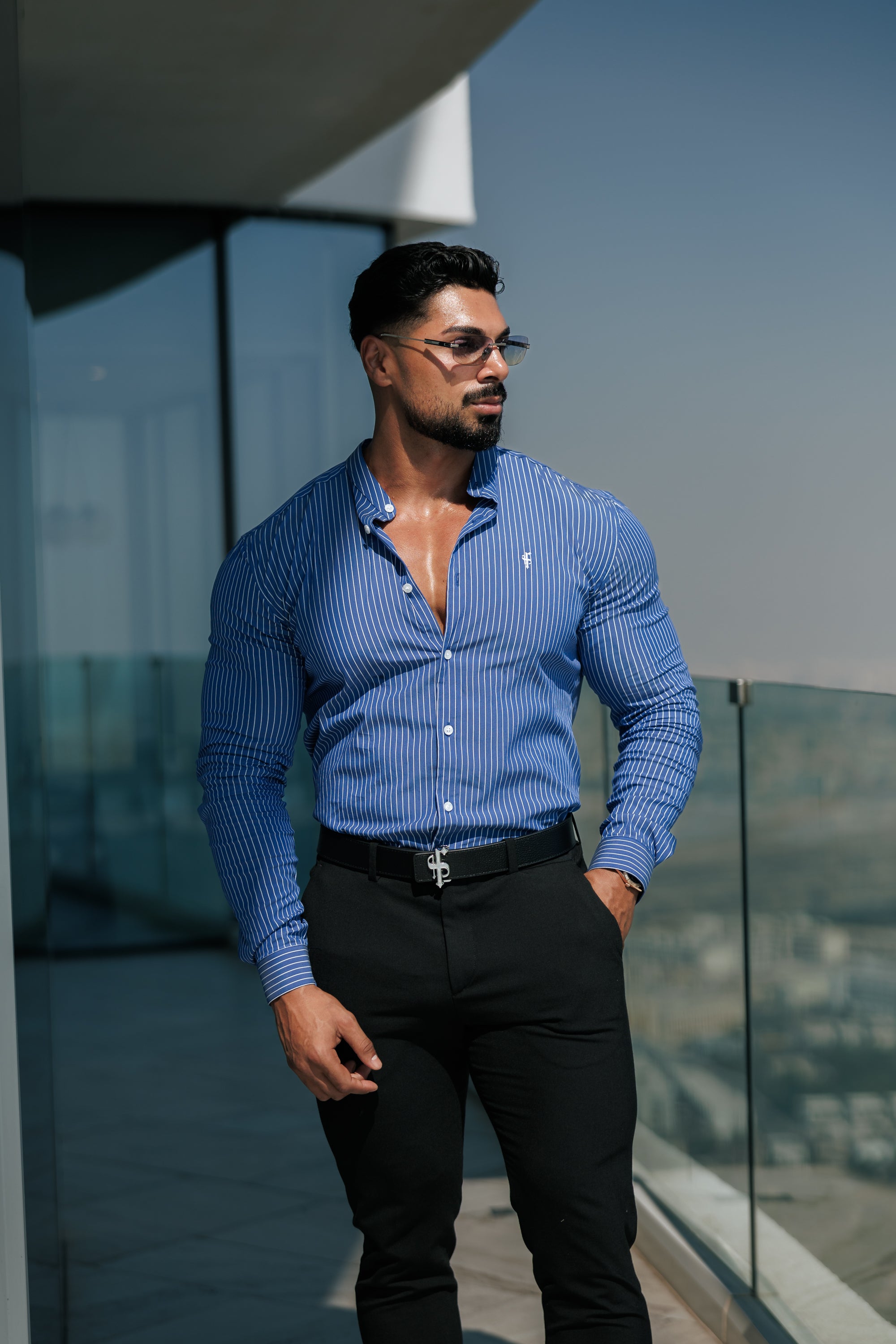 Super Slim Stretch Ocean Blue Printed Pinstripe Long Sleeve with Grandad Collar - FS1063