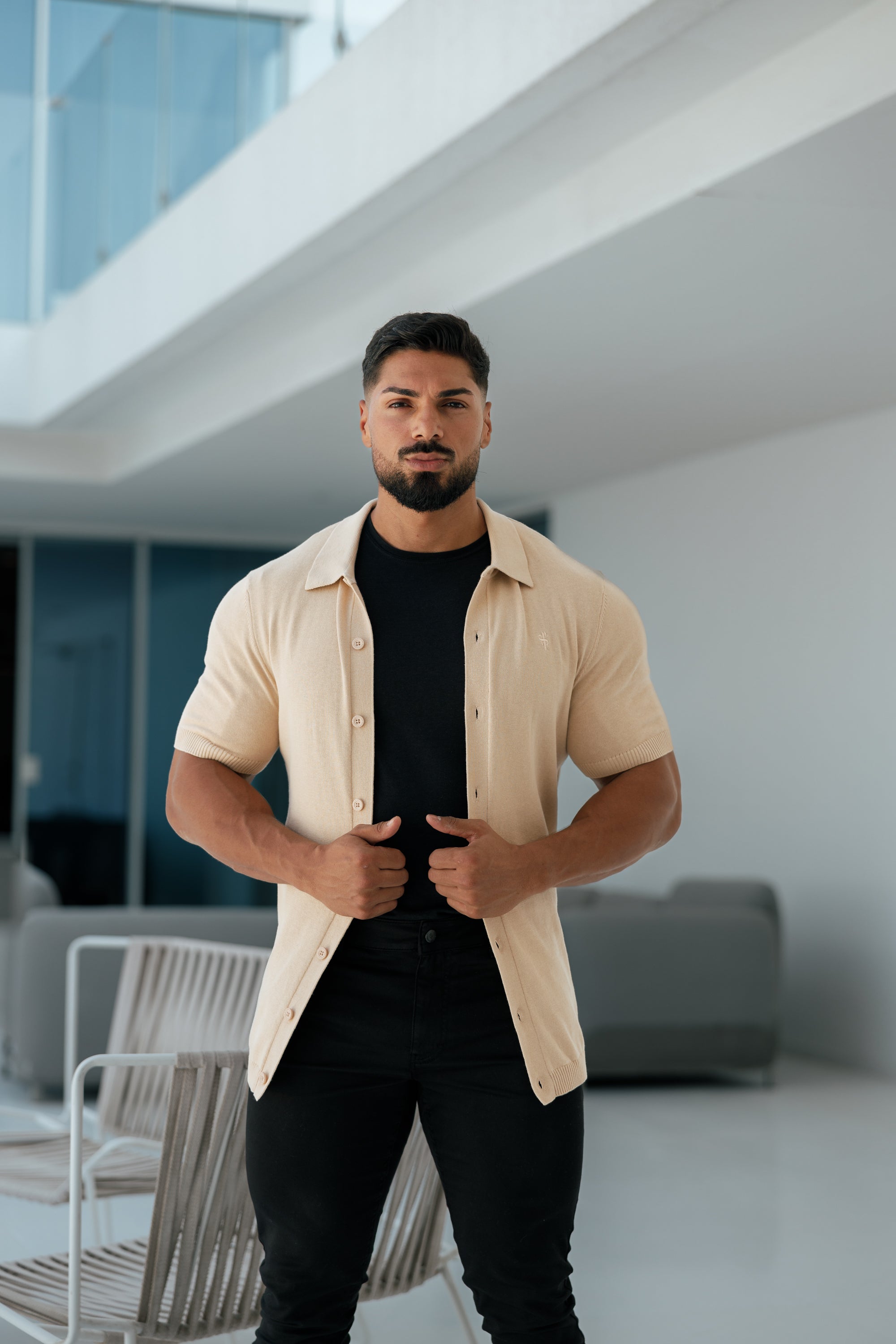 Classic Plain Beige Knitted Button Through Polo Short Sleeve - FSN104